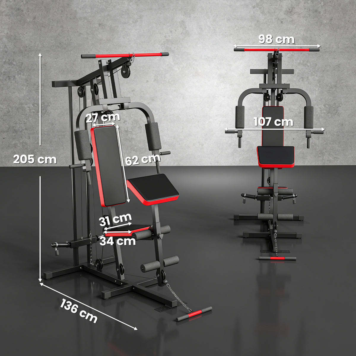 Station de Musculation Multifonction à Disques Libres, avec Banc Amovible, 136x107x205cm, Noir et Rouge