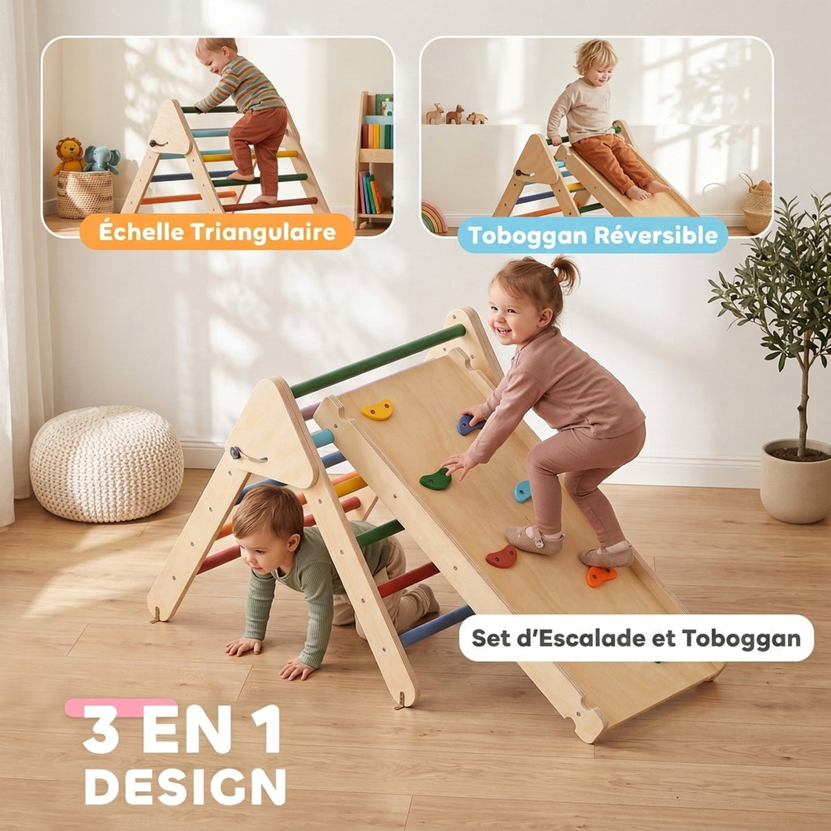 Triangolo da arrampicata per bambini 3 in 1, rampa bifacciale per arrampicarsi e scivolare, portata 50 kg, 147x64,5x63 cm, multicolore