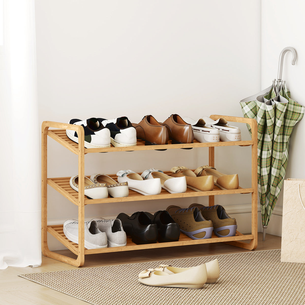 Étagère à chaussures en bambou à 3 niveaux, porte-chaussures capacité 12 paires, 76x33x50,8cm, bois naturel