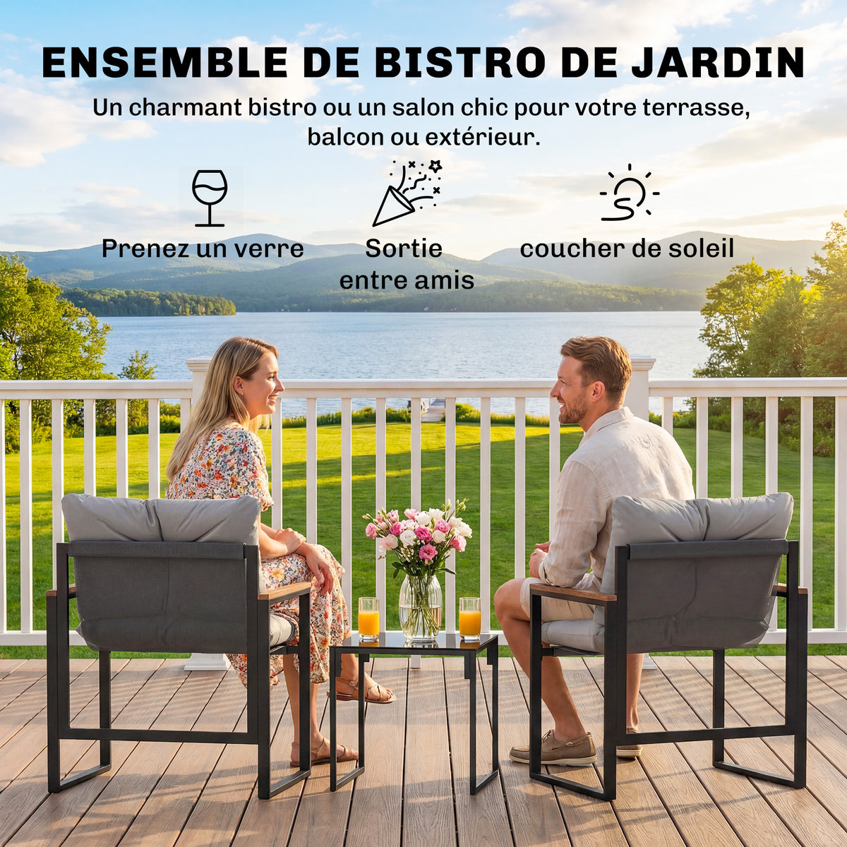 Salon de jardin 3 pièces 2 places avec 2 fauteuils 1 table basse, plateau en verre trempé et coussins, gris
