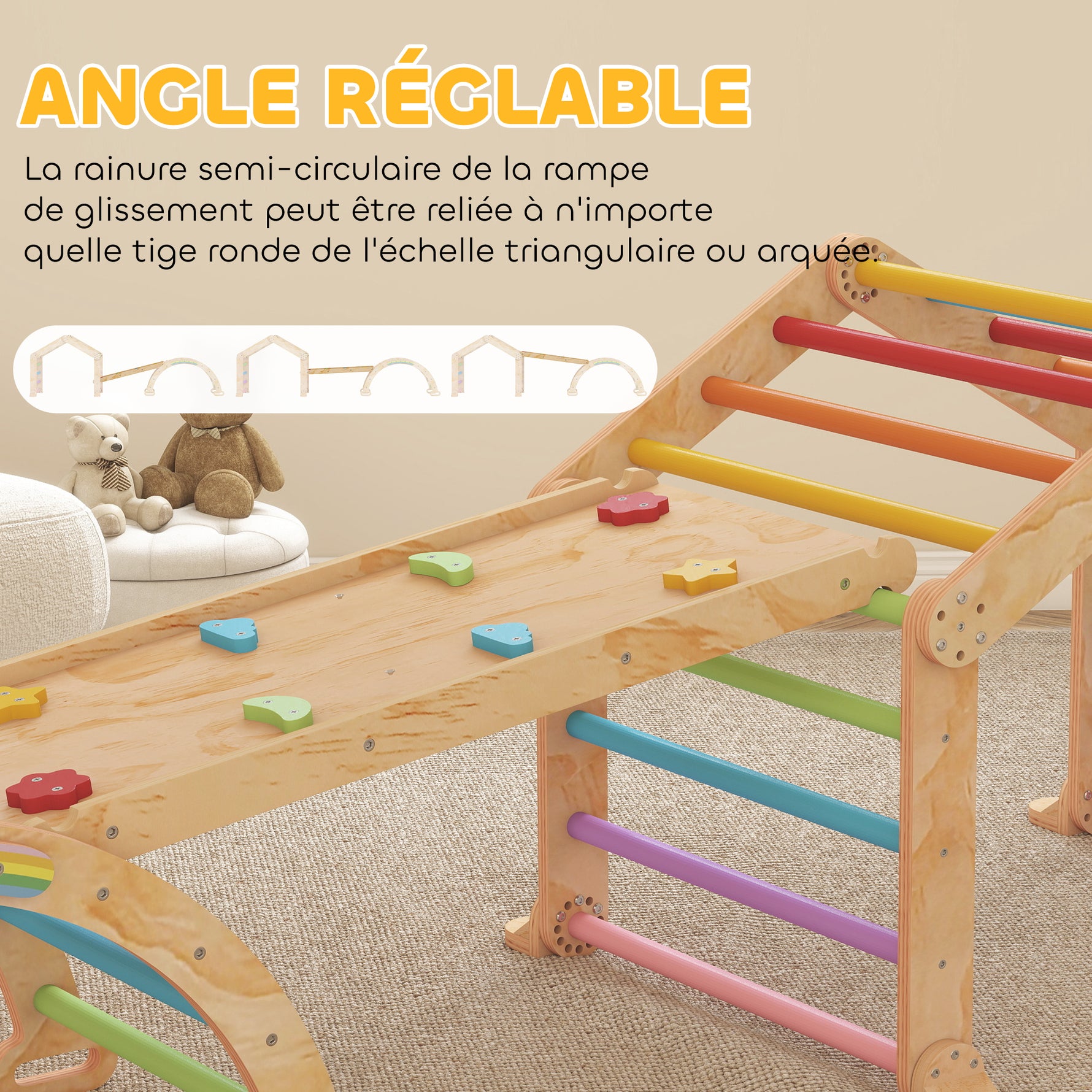 Triangle d'escalade enfant avec rampe réversible toboggan bascule et structure d'escalade multicolore