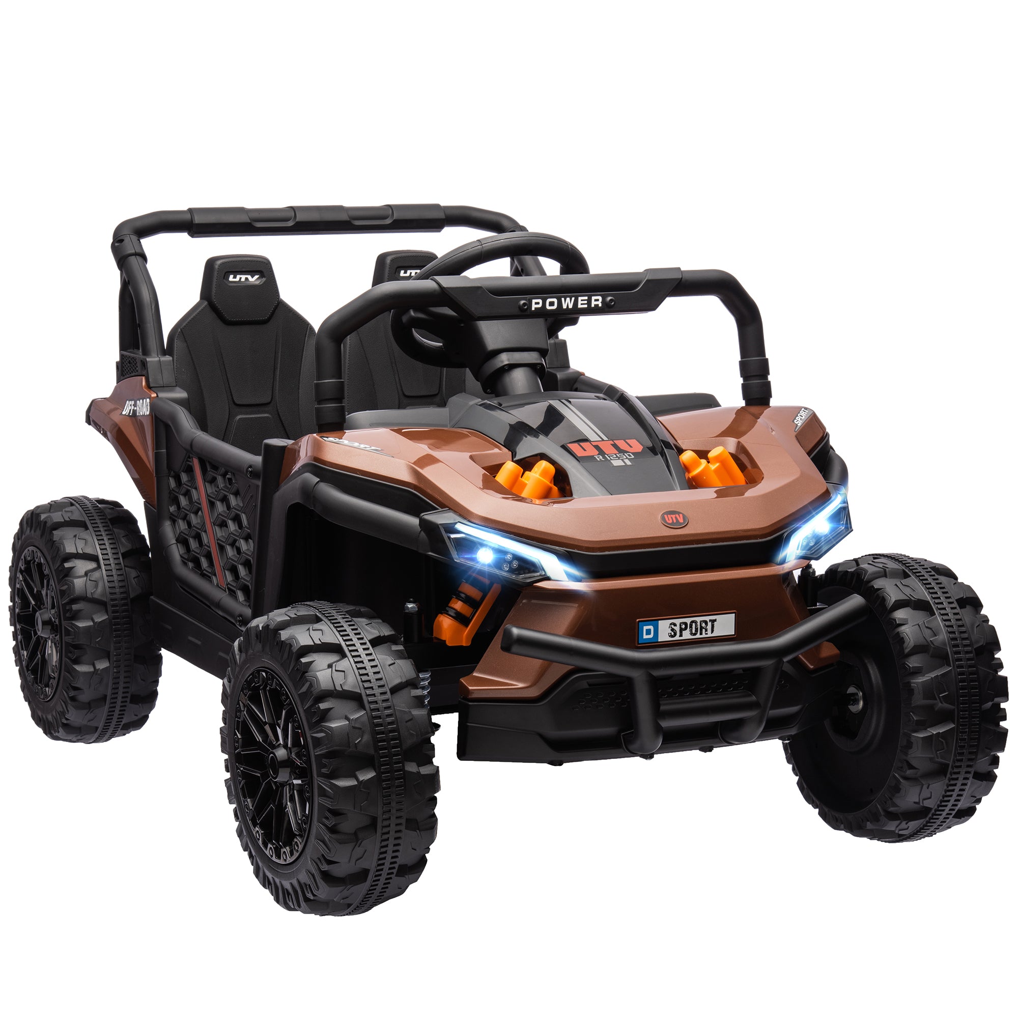 Voiture électrique enfant UTV buggy électrique enfant avec télécommande 2.4Ghz 2 moteurs 103L x 69l x 59H cm marron