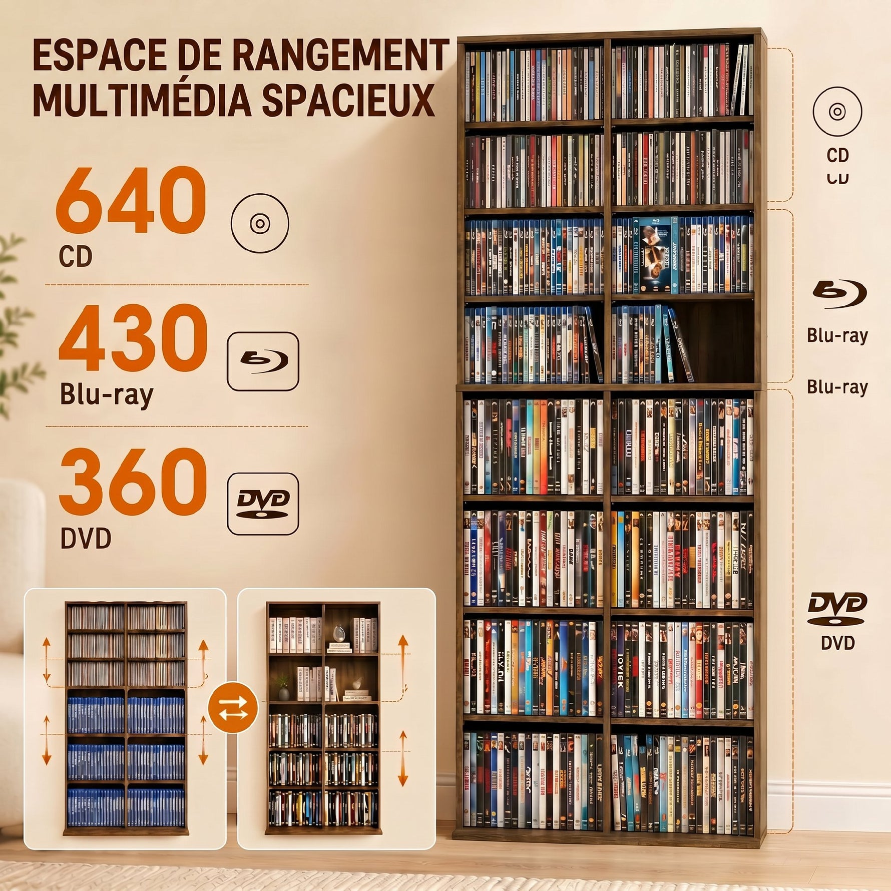 Rangements pour CD et DVD 18 compartiments capacité max. 640 CD/360 DVD 430 Blu-ray 78,5 x 24 x 175 cm noyer foncé