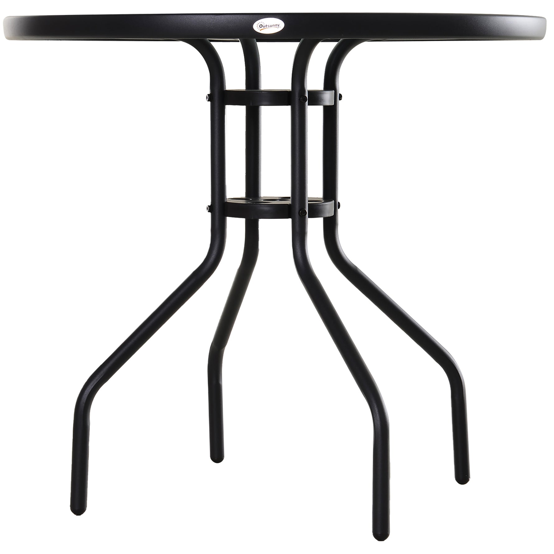 Table Ronde Bistro de Jardin Ø 80 x 72H cm Espace Installation Parasol Acier époxy Noir Plateau Verre trempé