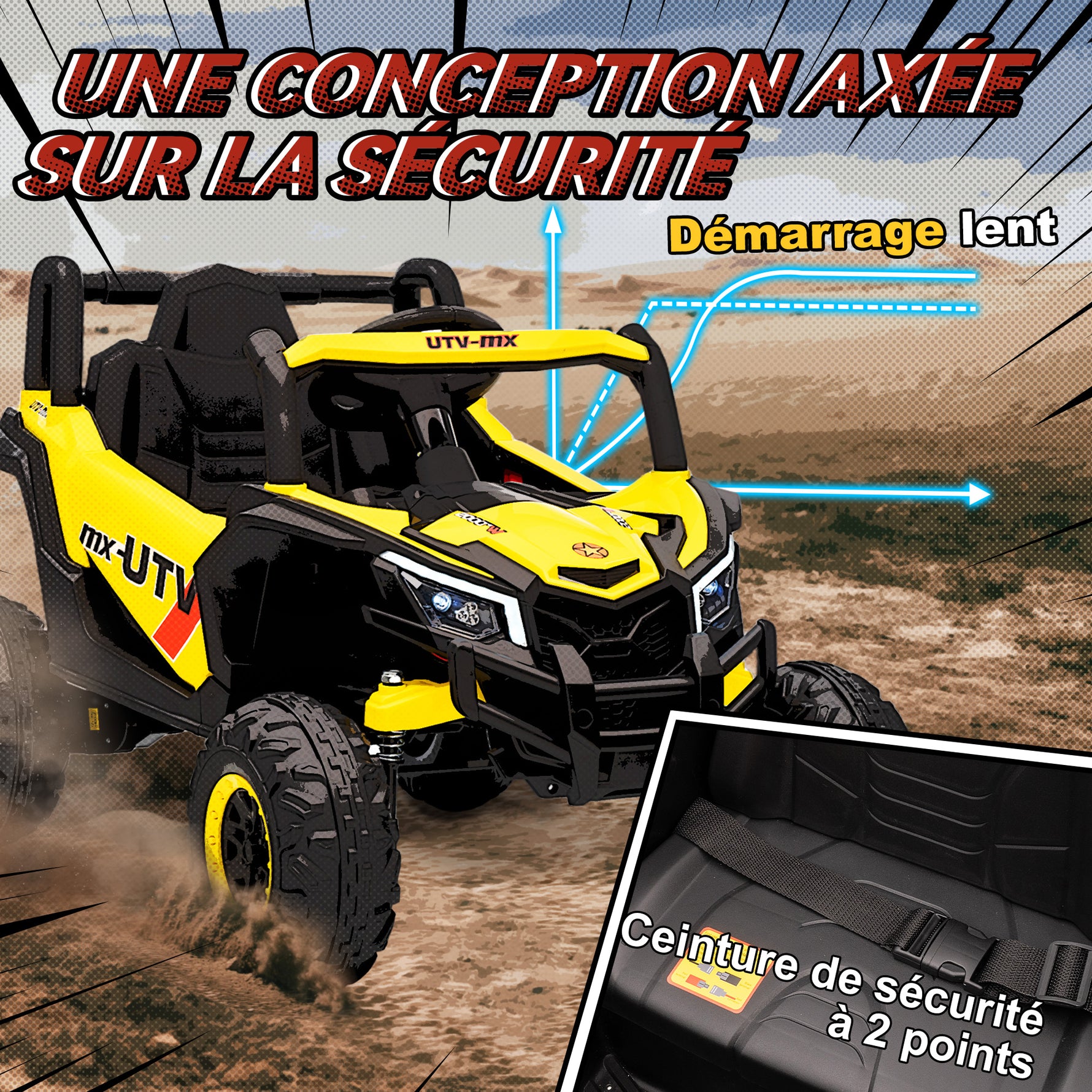 Voiture électrique enfants UTV 12 V, buggy électrique enfants avec télécommande, 96 x 61 x 56 cm, jaune