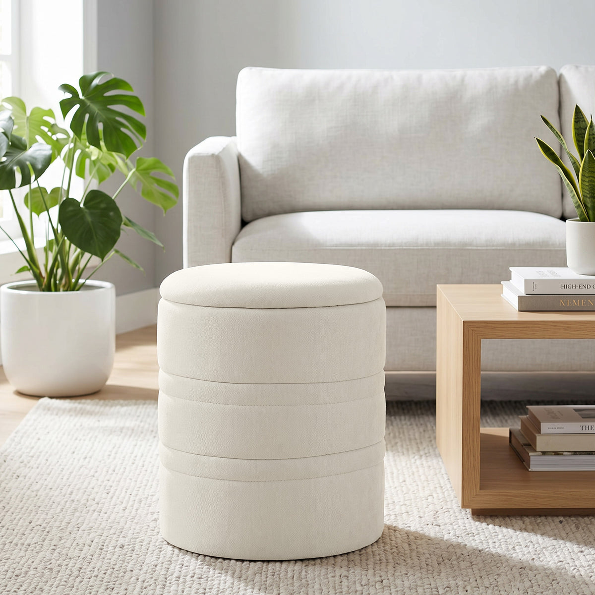 Pouf de Rangement en Chenille avec Couvercle, Tabouret Rond pour Salon et Chambre, Beige