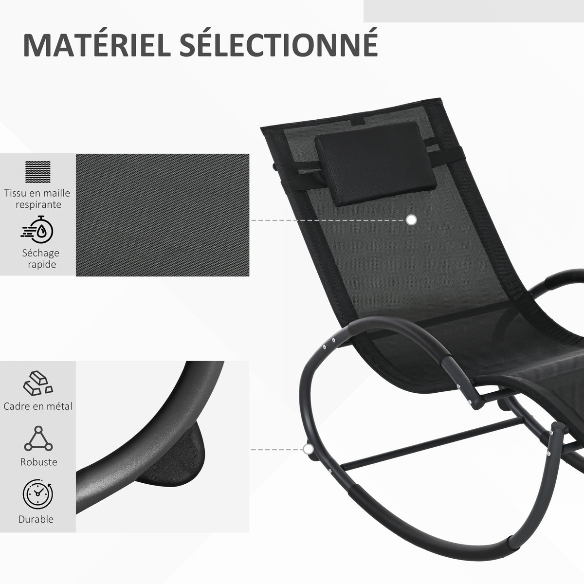 Chaise longue à bascule avec tétière utilisation extérieure intérieure noir