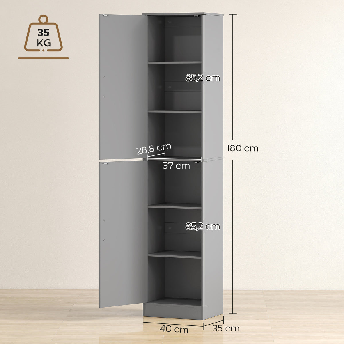 Mobile colonna per bagno con 2 ante e 4 ripiani regolabili, 40 x 35 x 180 cm, grigio