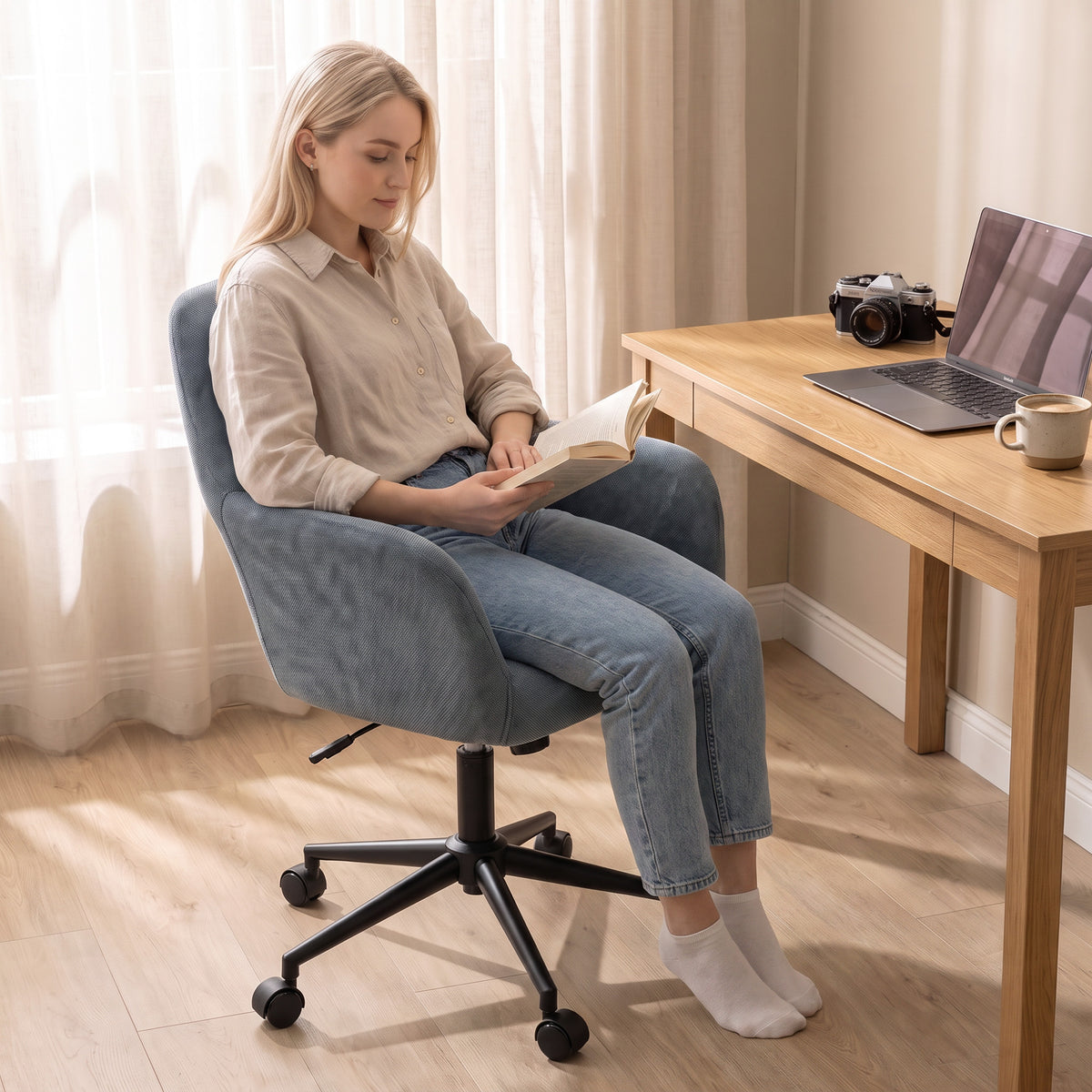 Chaise Bureau Ergonomique, Fauteuil de Bureau en Chenille avec Hauteur Réglable, Fonction Bascule, Bleu