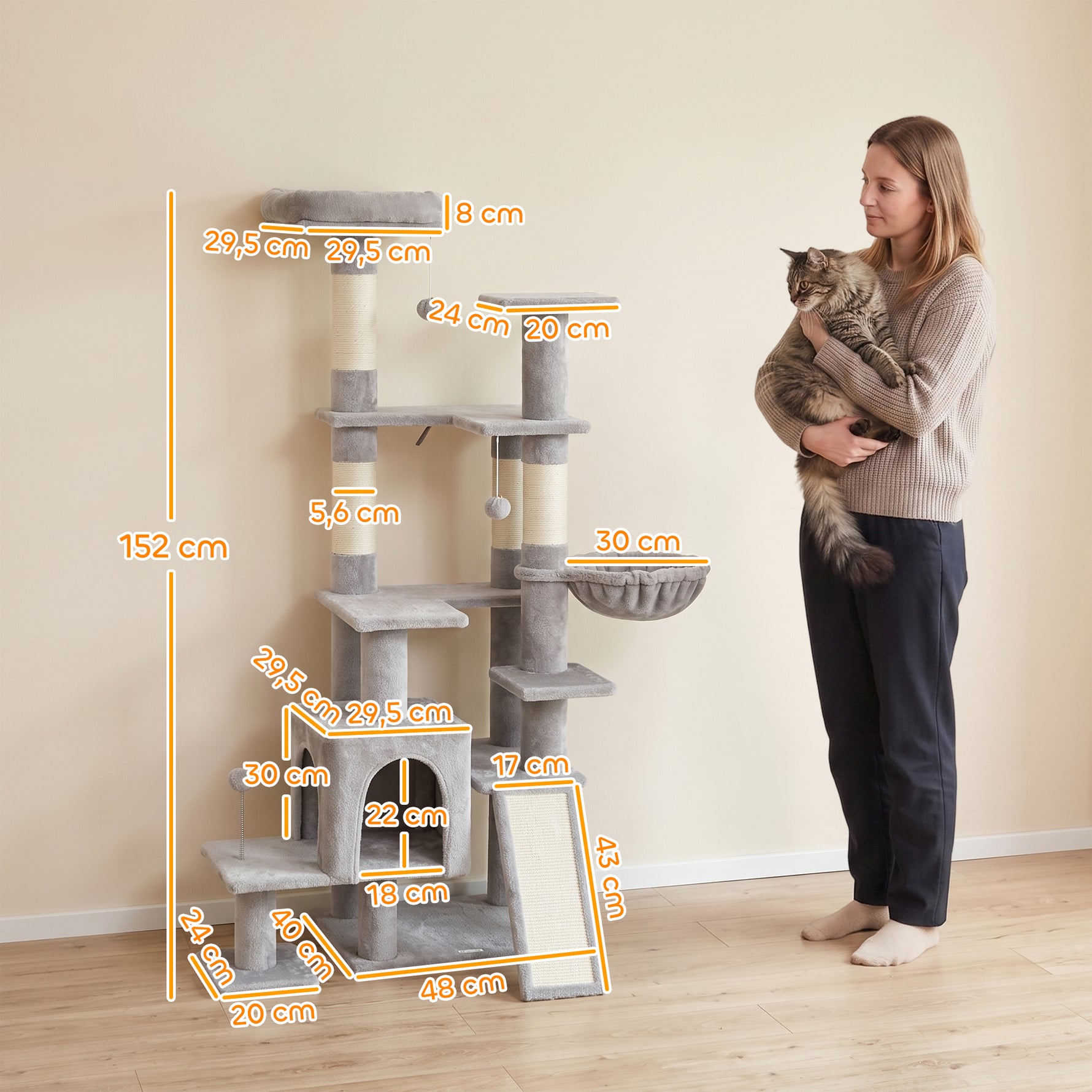 Arbre à Chat 5 niveaux 152cm, Niche, Hamac, Plateforme, Poteaux à Griffer, Balles Suspendues, Gris Clair