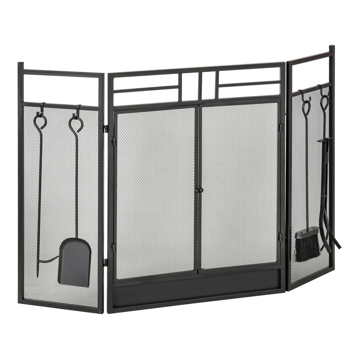 Pare-feu Large pour cheminée ou poêle - Pare-étincelles serviteur de cheminée 2 en 1 avec Accessoires - 3 Volets Pliables et Porte - Acier métal Noir-9