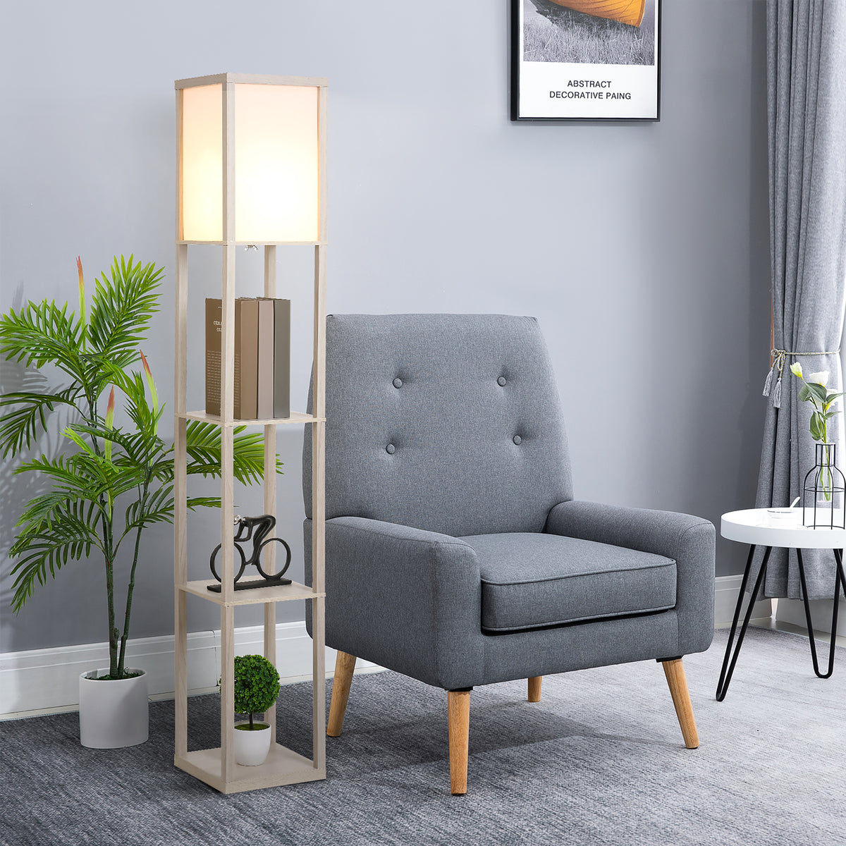 Lampadaire étagère 26L x 26l x 160H cm 3 étagères 4 Niveaux MDF chêne