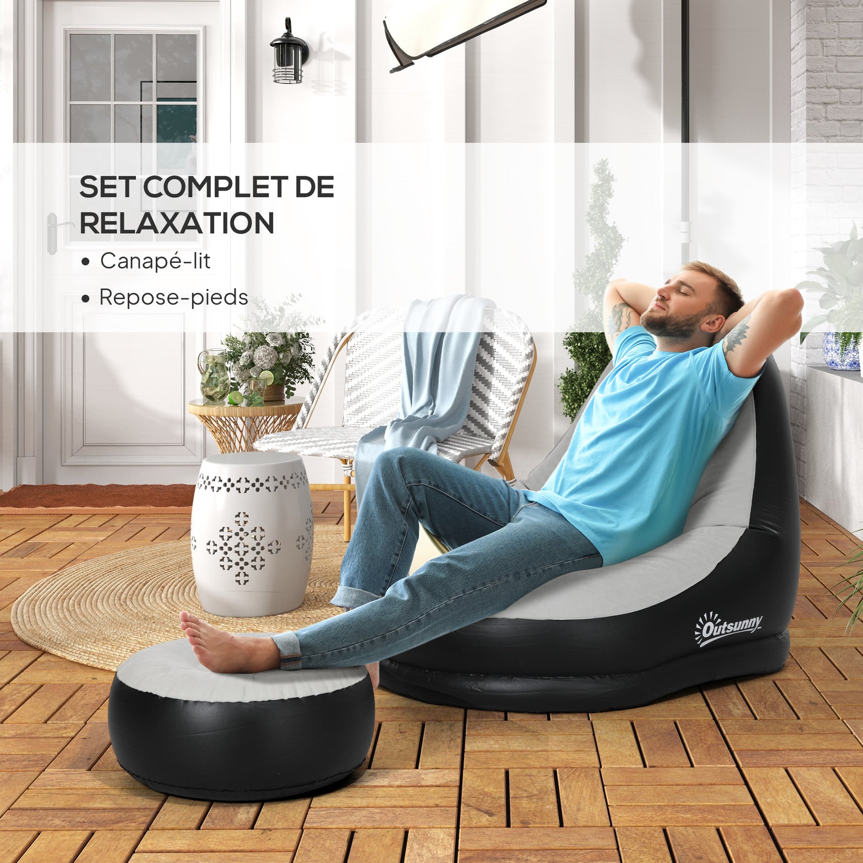 Canapé gonflable et repose-pieds, tissu aspect peluche doux et porte-gobelet, gris