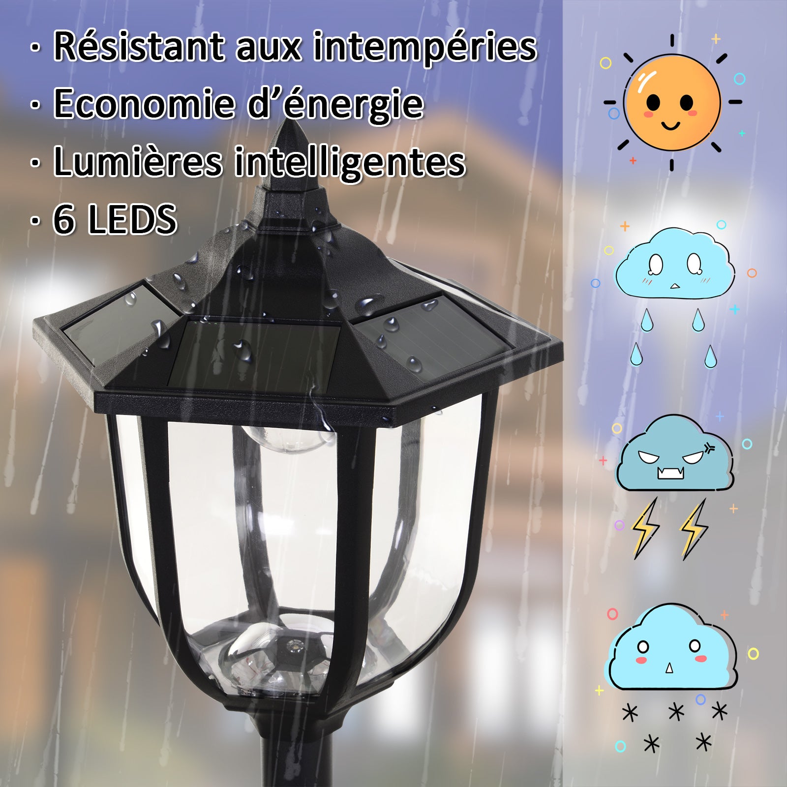 Luminaire extérieur lampadaire sur pied solaire lampadaire lanterne classique LED 60 Lm max. dim. 26L x 26l x 177H cm noir