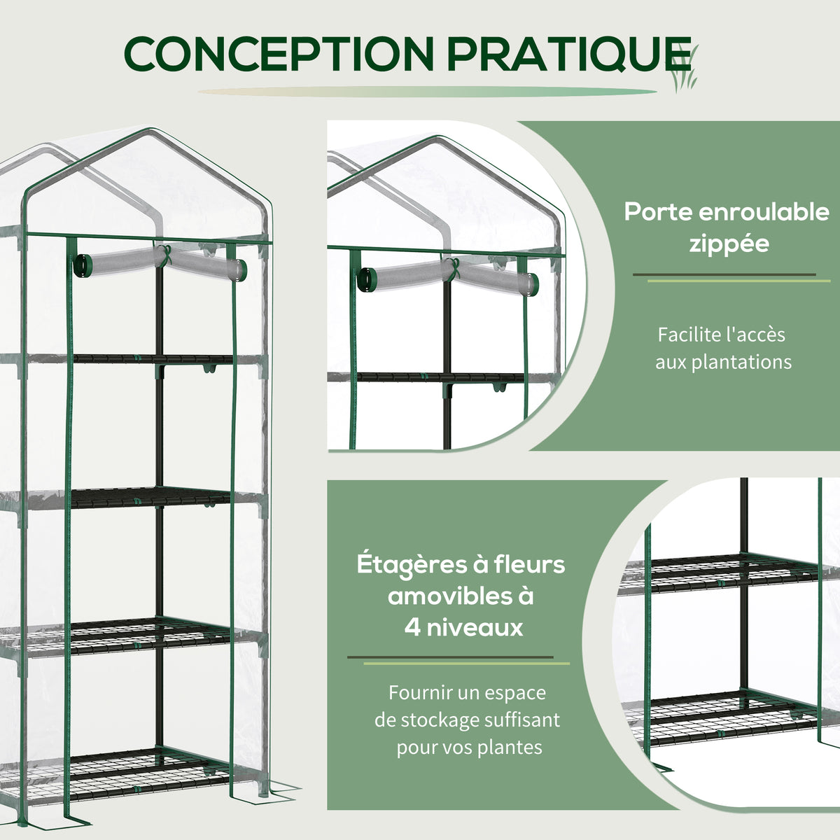 Serre de Jardin PVC avec Étagères 4 Niveaux, Serre de Balcon, Bâche Renforcée 140g/m², Châssis en Acier, Porte Zippée Enroulable, pour Légumes et Plantes, Extérieur, 70x50x160cm, Transparente