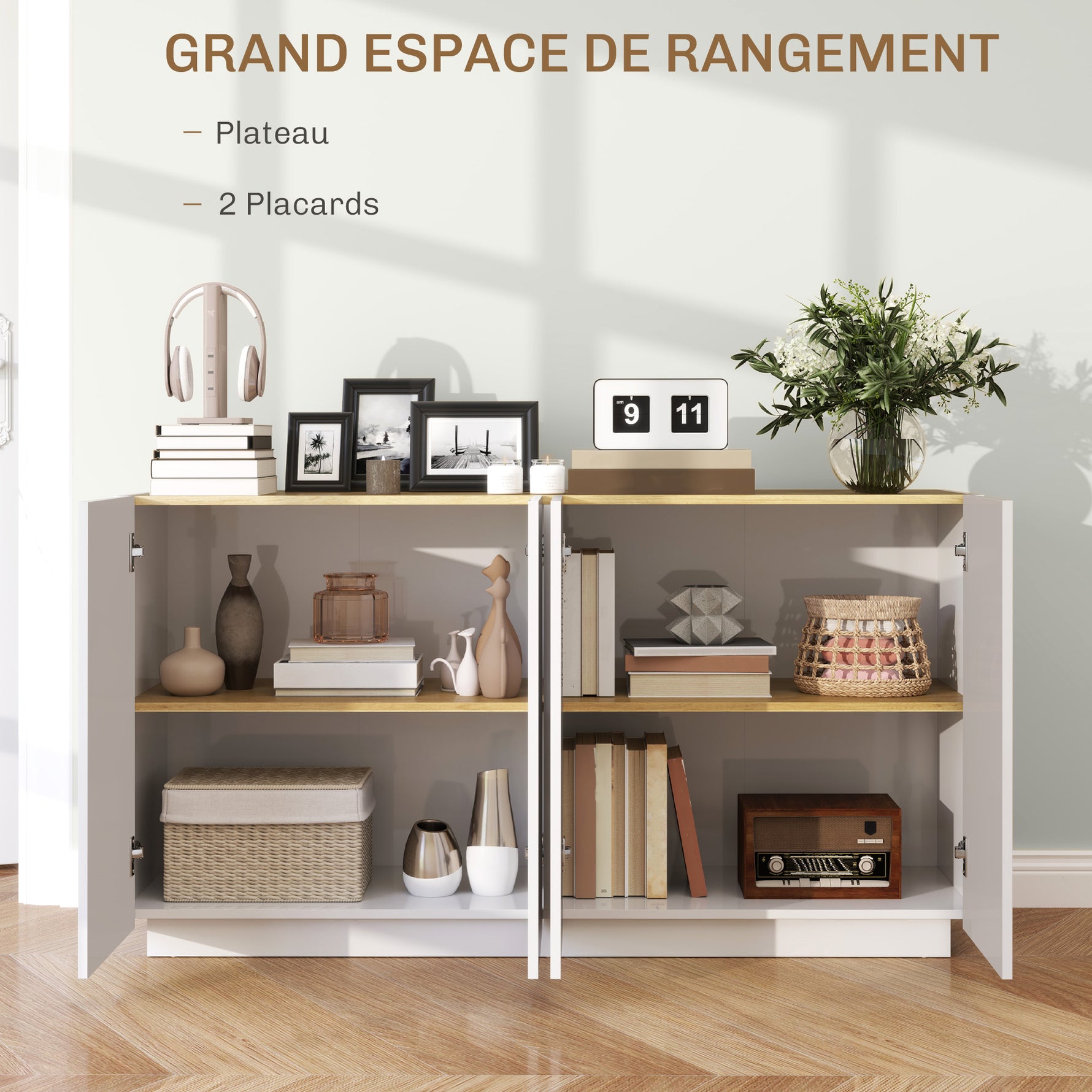 Buffet salle à manger buffet cuisine 4 portes à fermeture douce et étagères réglables 140l x 40P x 75H cm blanc laqué