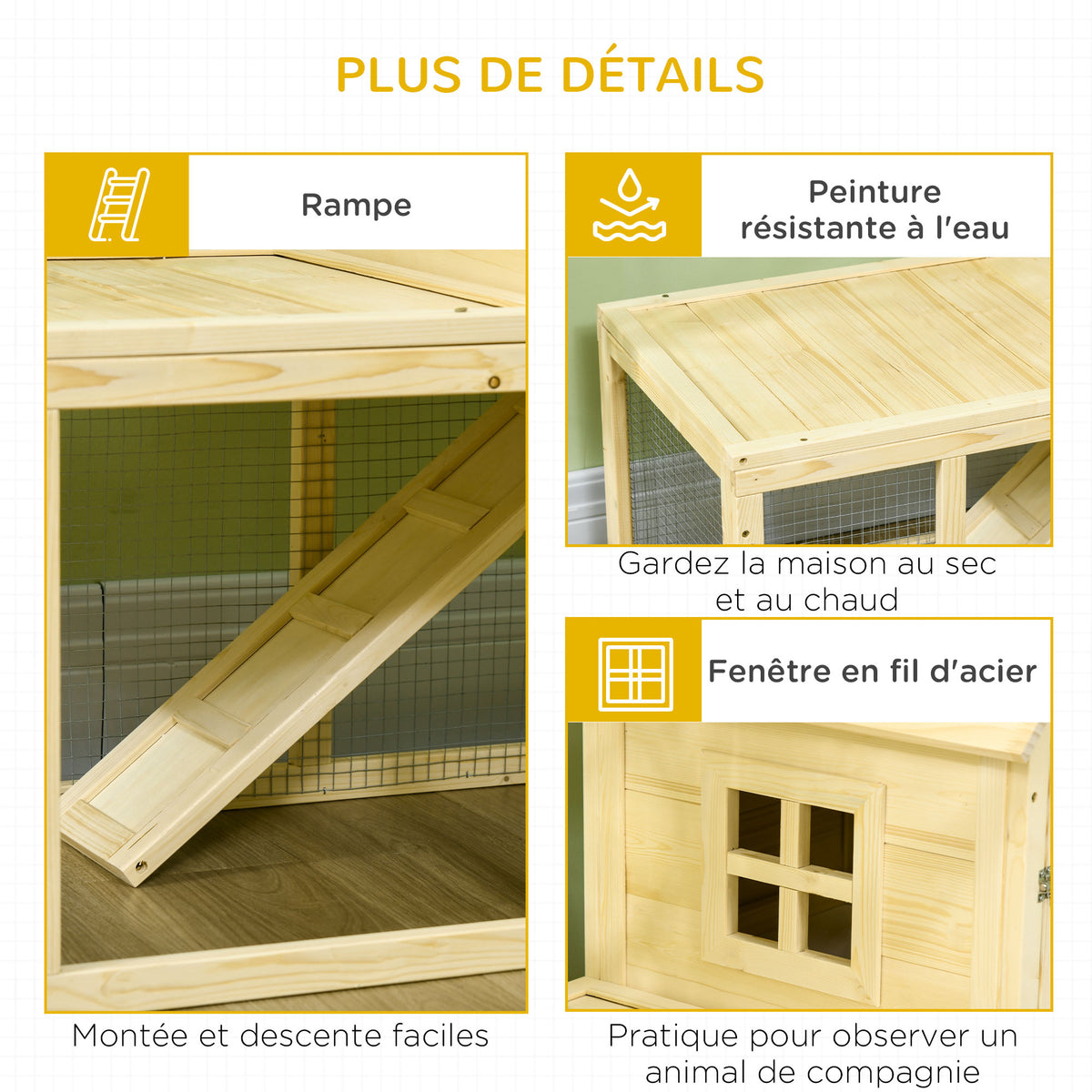 Conejera de madera con recinto para animales, villa para conejos de 2 niveles con área de juego, rampa y puertas con cerradura
