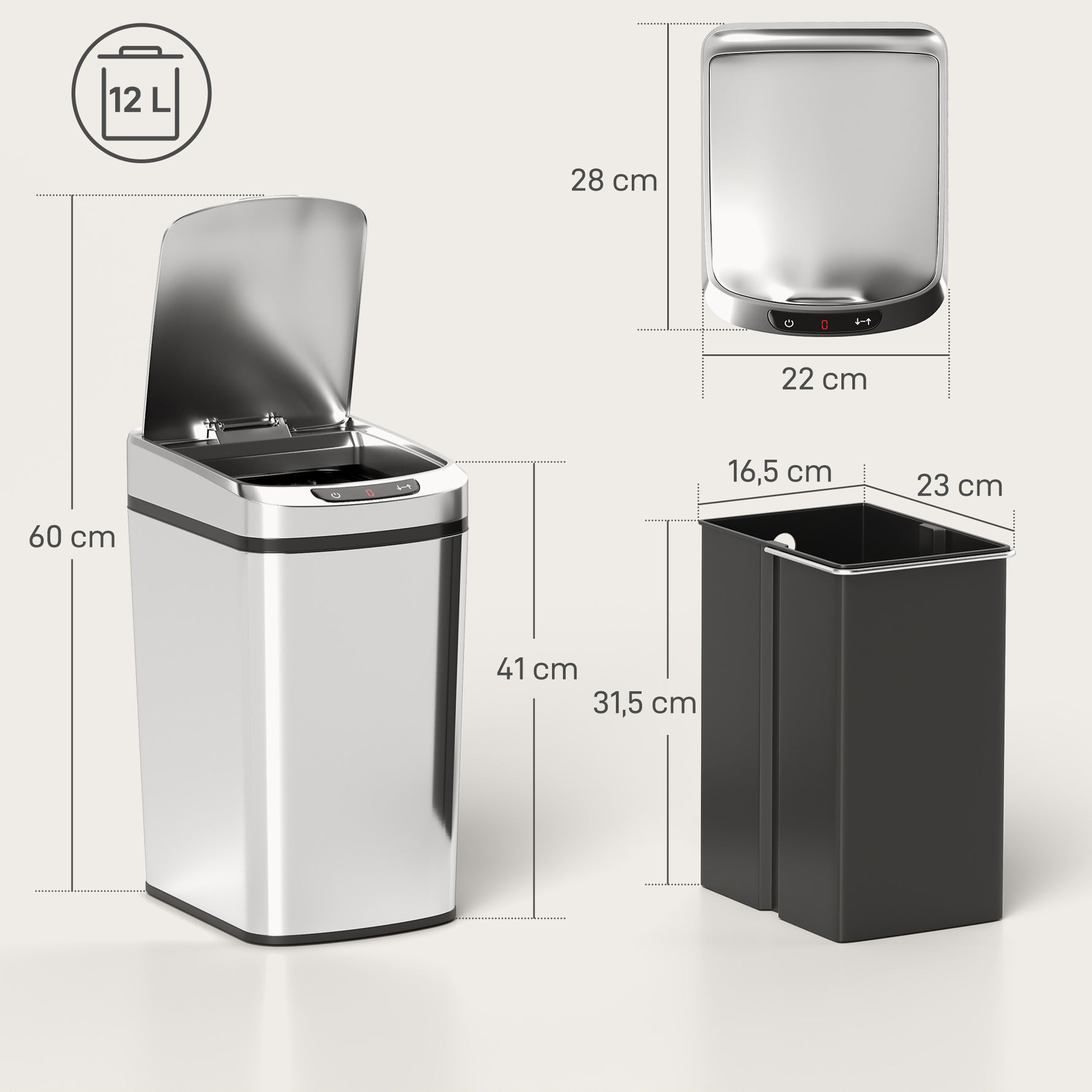 Poubelle de cuisine automatique 12 L en acier inoxydable, poubelle à capteur avec couvercle, 28 x 22 x 41 cm, argent