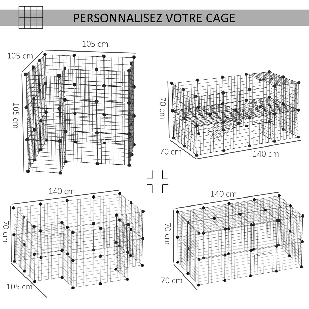 Cage parc clôture pour animaux domestiques enclos pour petits animaux 146 x 73 x 73 cm modulable 2 niveaux 36 panneaux bords arrondis fil en acier noir