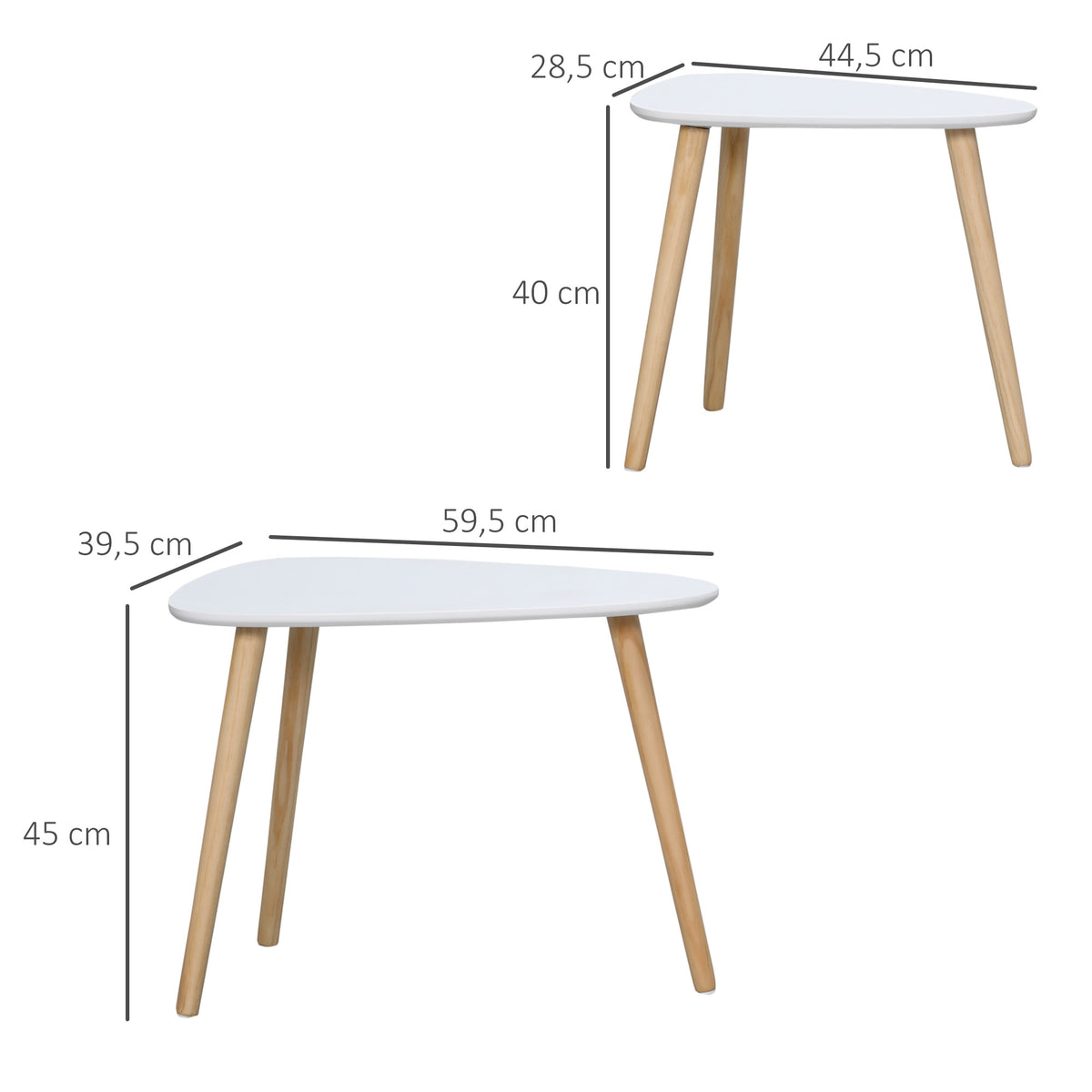 Juego de 2 mesas nido de diseño escandinavo con patas de madera y tablero de madera, blanco