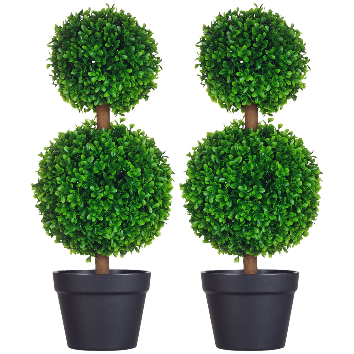 Set de 2 árboles de boj artificiales de doble bola con tronco y maceta incluidos - altura 60 cm verde