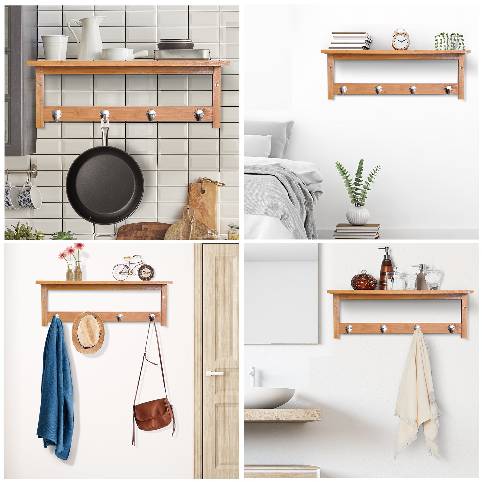 Porte-manteau mural penderie murale étagère 50L x 16l x 17,5H cm 4 patères kit fixation fourni bambou naturel