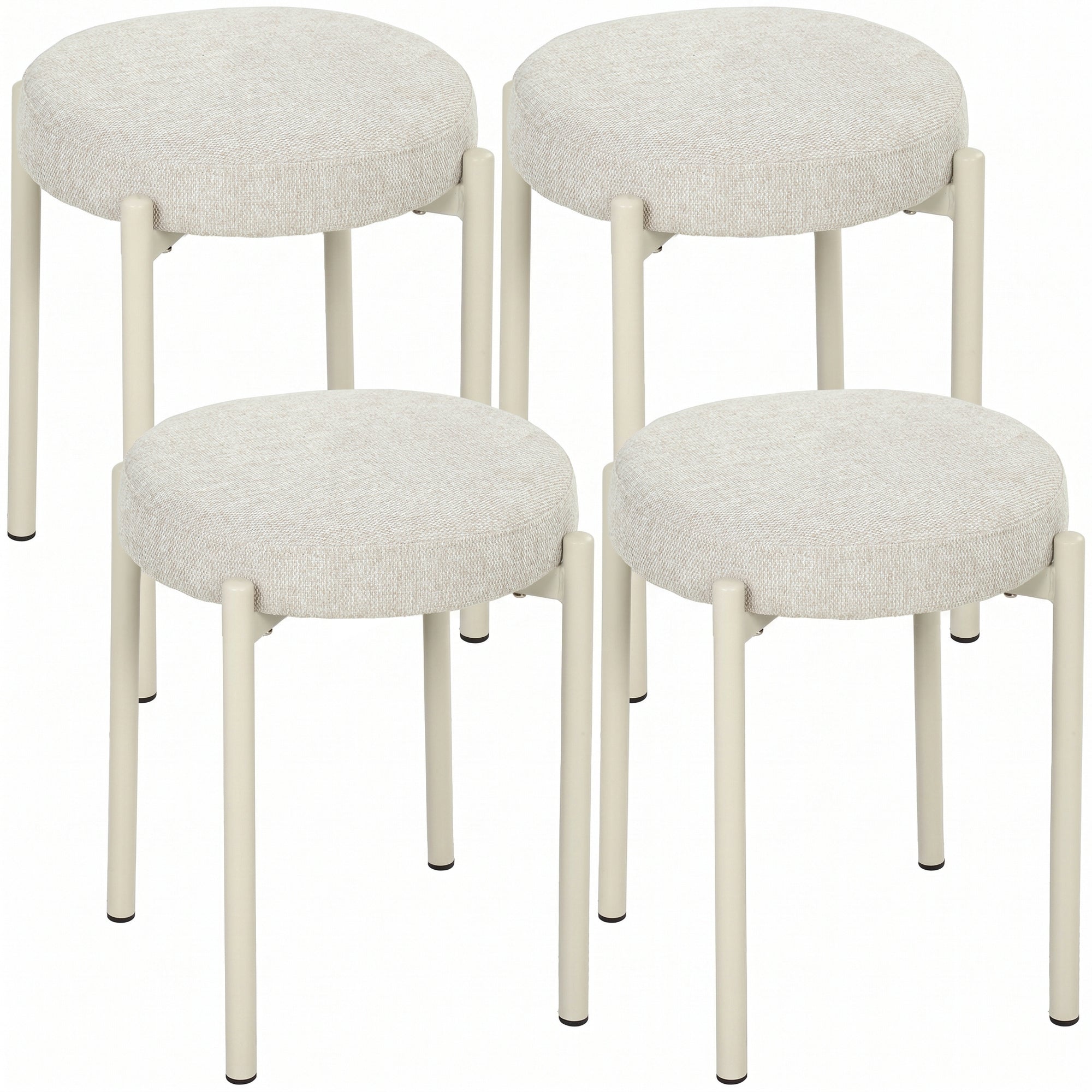 Set van 4 ronde stapelbare krukken met gestoffeerde zitting, zonder rugleuning, ruimtebesparend, 45 x 45 x 47,5 cm, crème