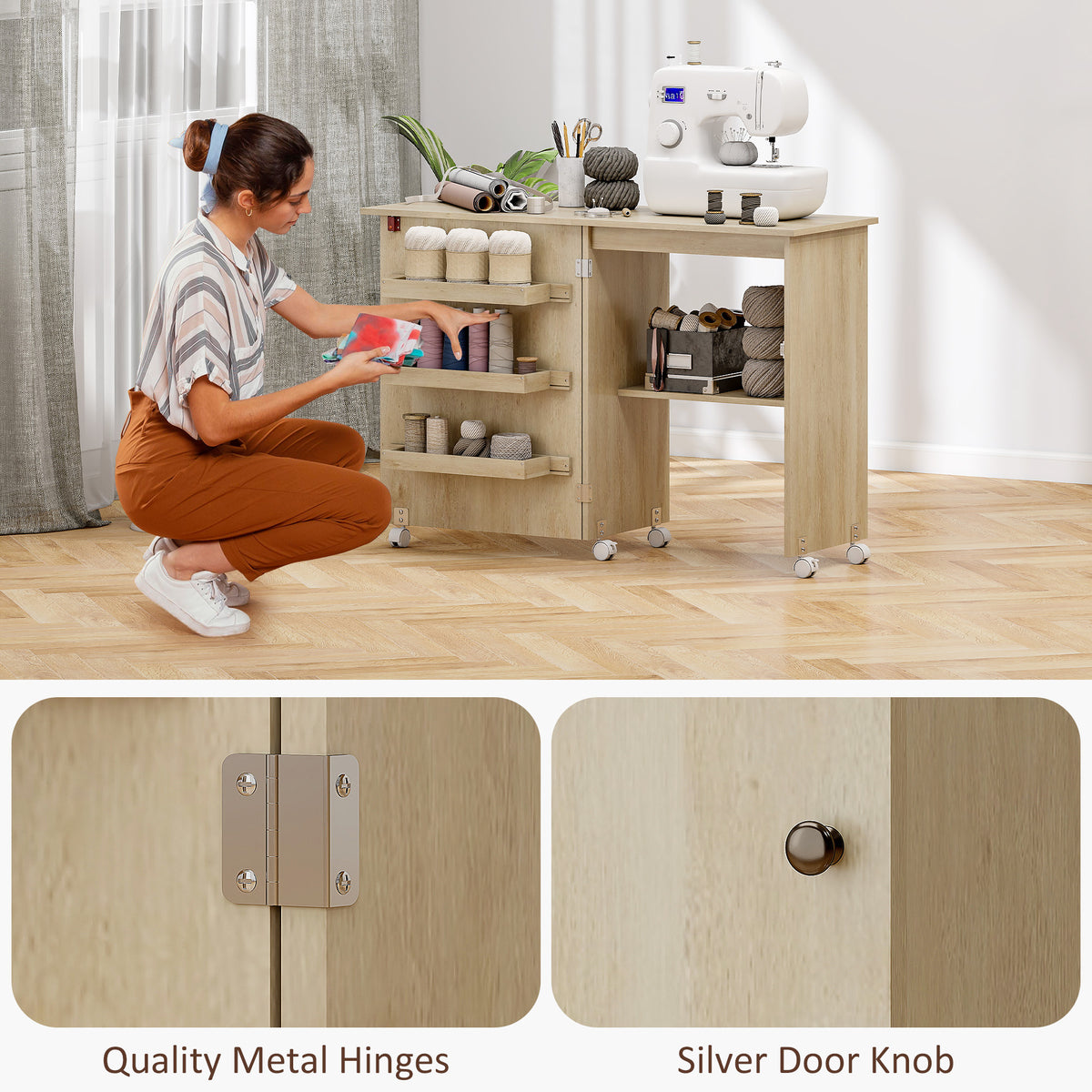 Table de couture pliante meuble couture à abattant avec bacs de rangement, étagère ouverte et roulettes, bois naturel