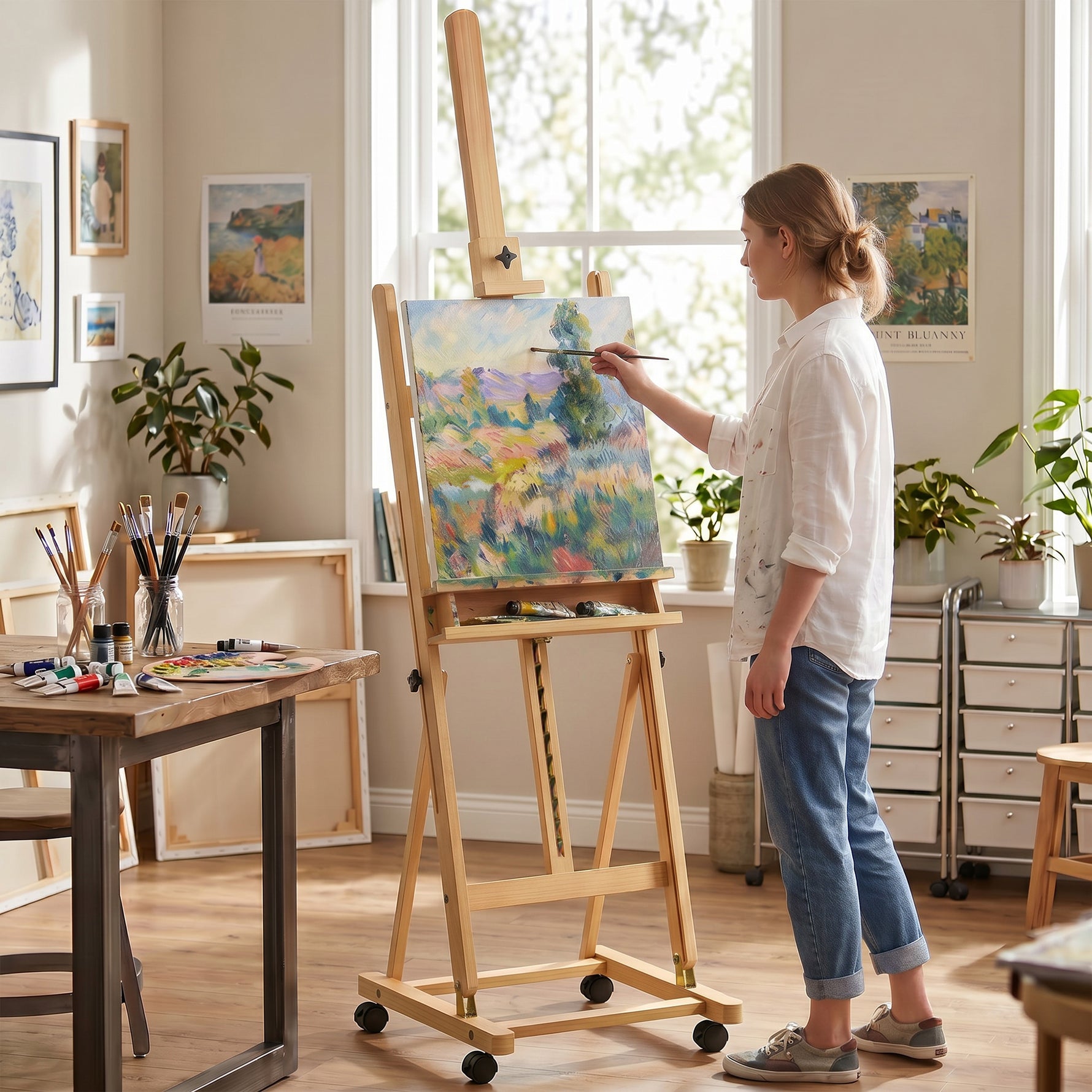 Chevalet d'artiste sur roulettes pliable en bois de hêtre pour toiles à peindre jusqu'à 118 cm bois naturel