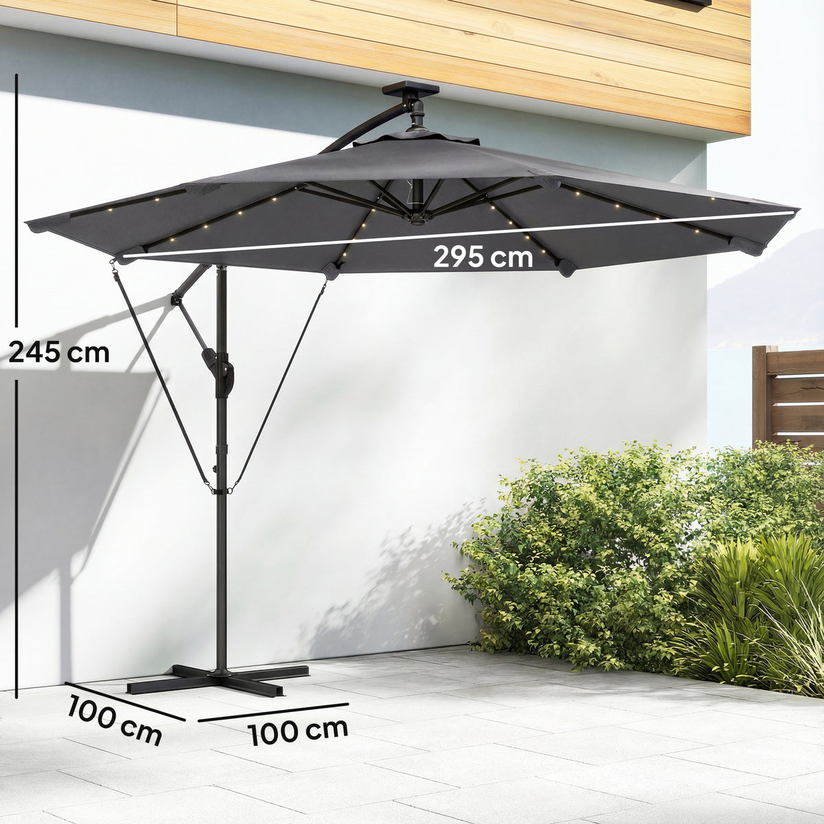 Eguzki-LEDak dituen lorategiko eguzkitakoa, 32 LED-lanpara, biradera, UV 50+ babesa eta babes-zorroa, Ø 295 cm, grisa