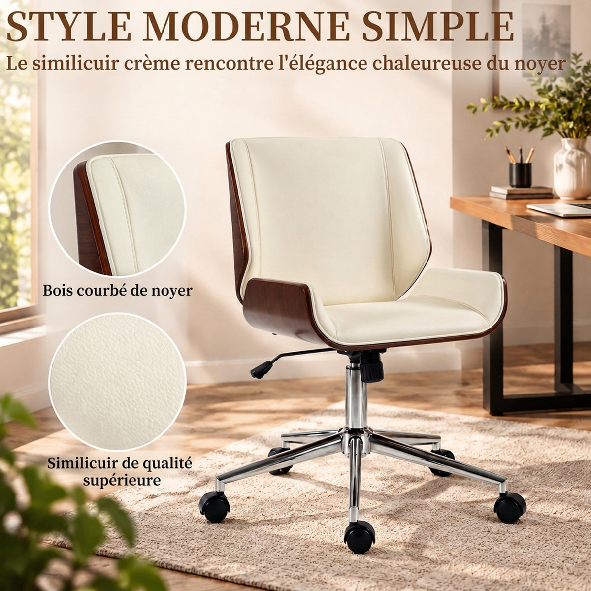 Chaise de Bureau Design Vintage, Hauteur Réglable, Pivotant 360°, Piètement Chromé, 53 x 60 x 86-96 cm, Crème