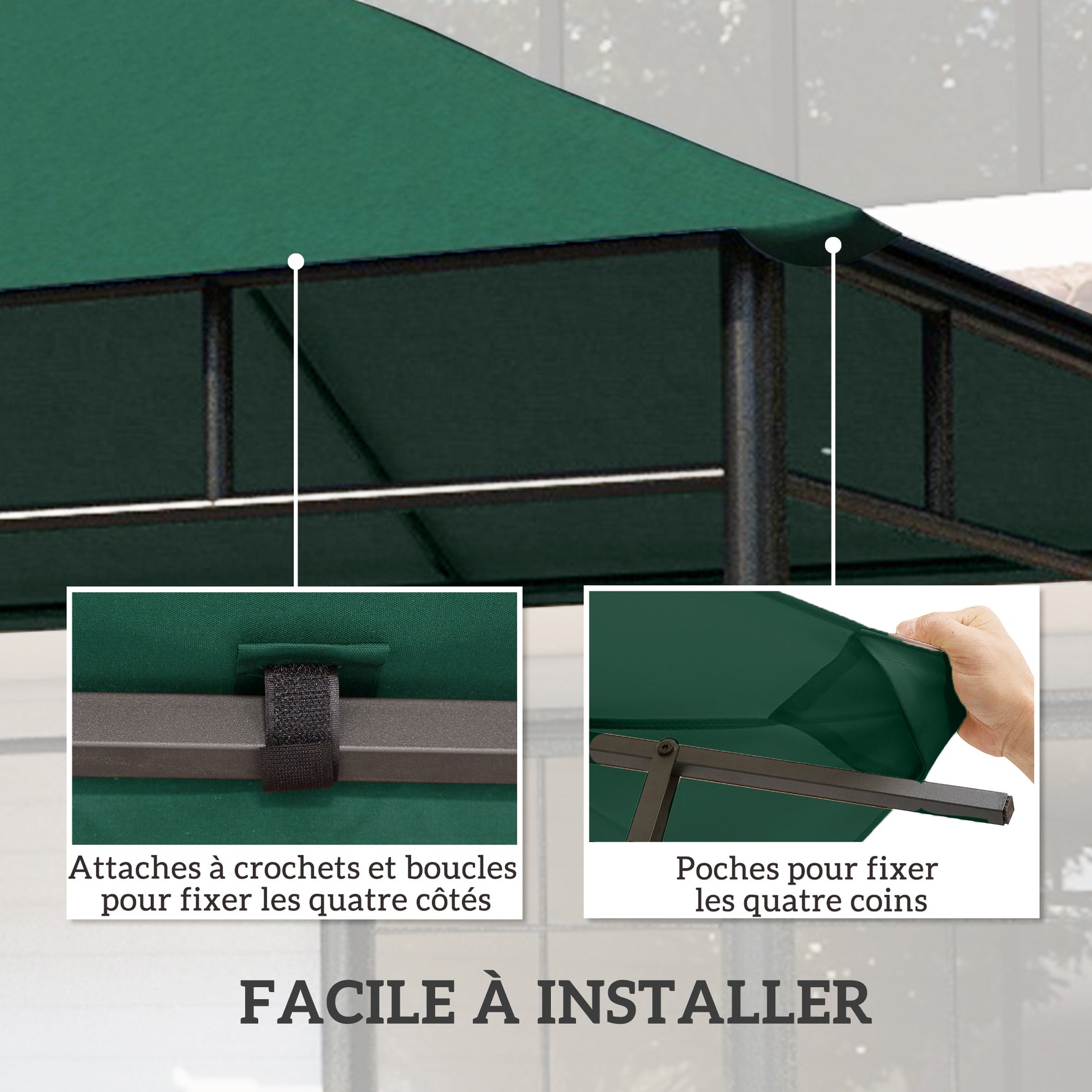 Toile de rechange pour pavillon toit de remplacement gazebo tissu polyester haute densité 180 g/m² anti-UV 3 x 3 m vert