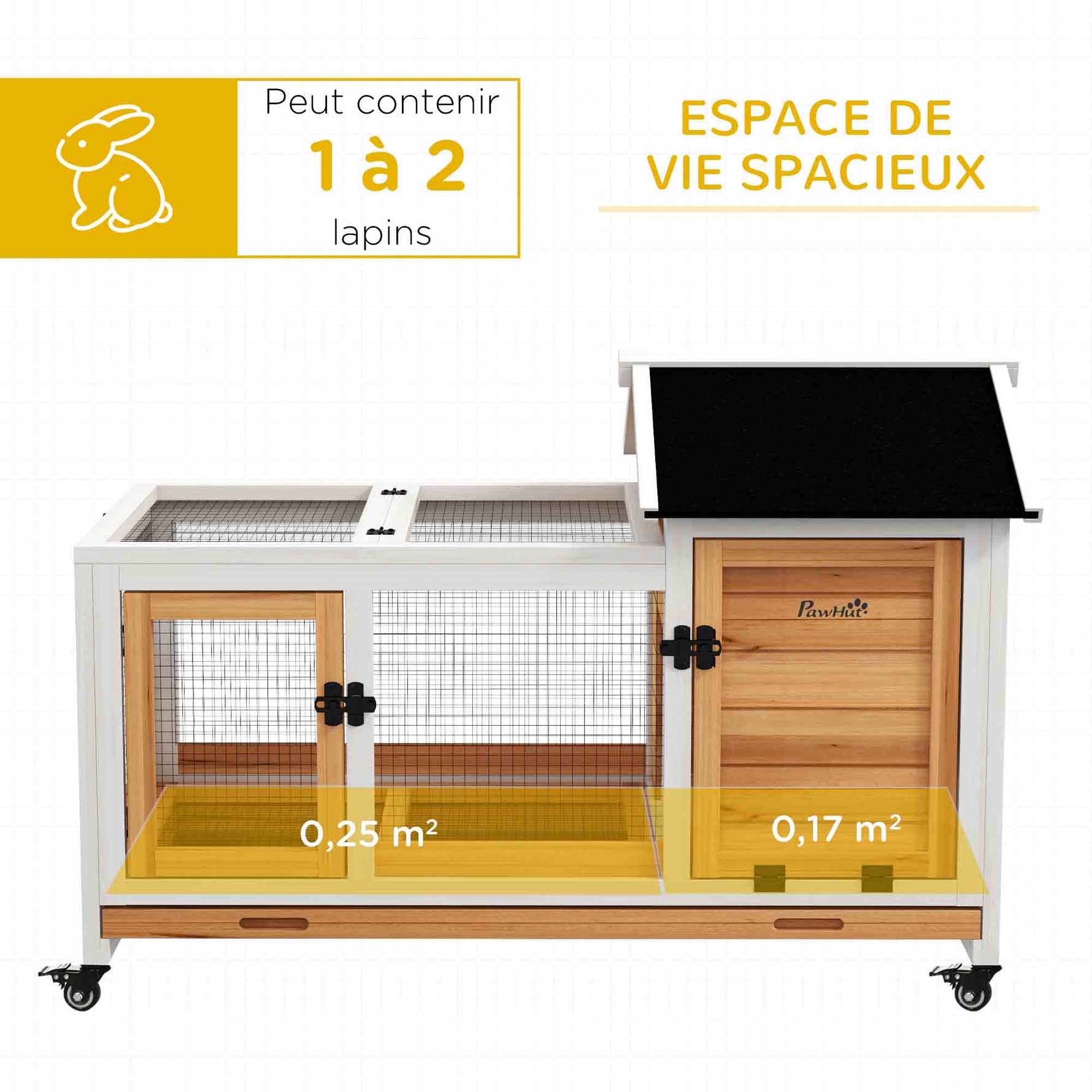 Clapier cage à lapins rongeurs sur roulettes 2 portes verrouillables - 108 x 58 x 73,5 cm bois massif jaune