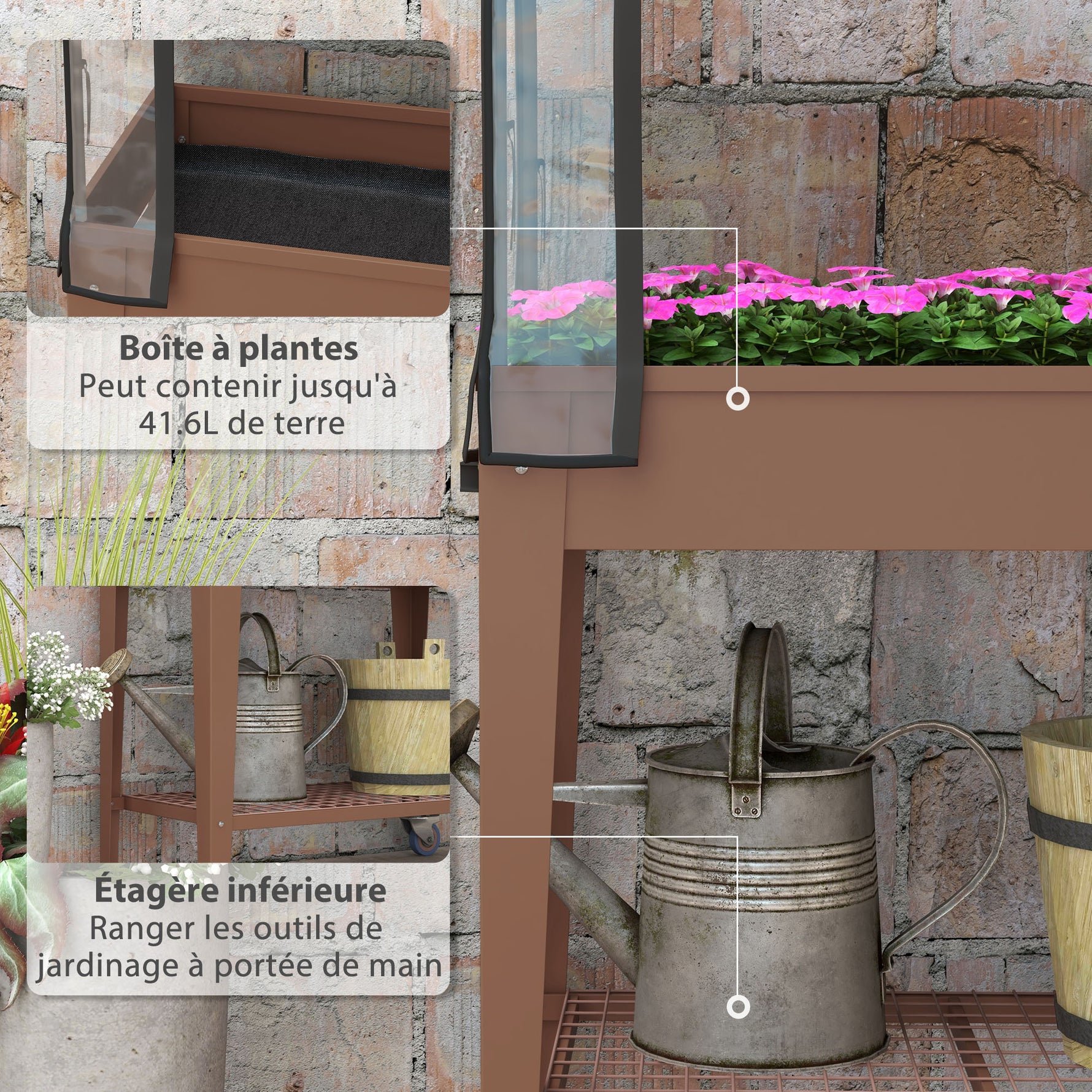 Jardinière surélevée avec bâche transparente, 2 roulettes et 1 étagère inférieure, dim. 80L x 40l x 120H cm