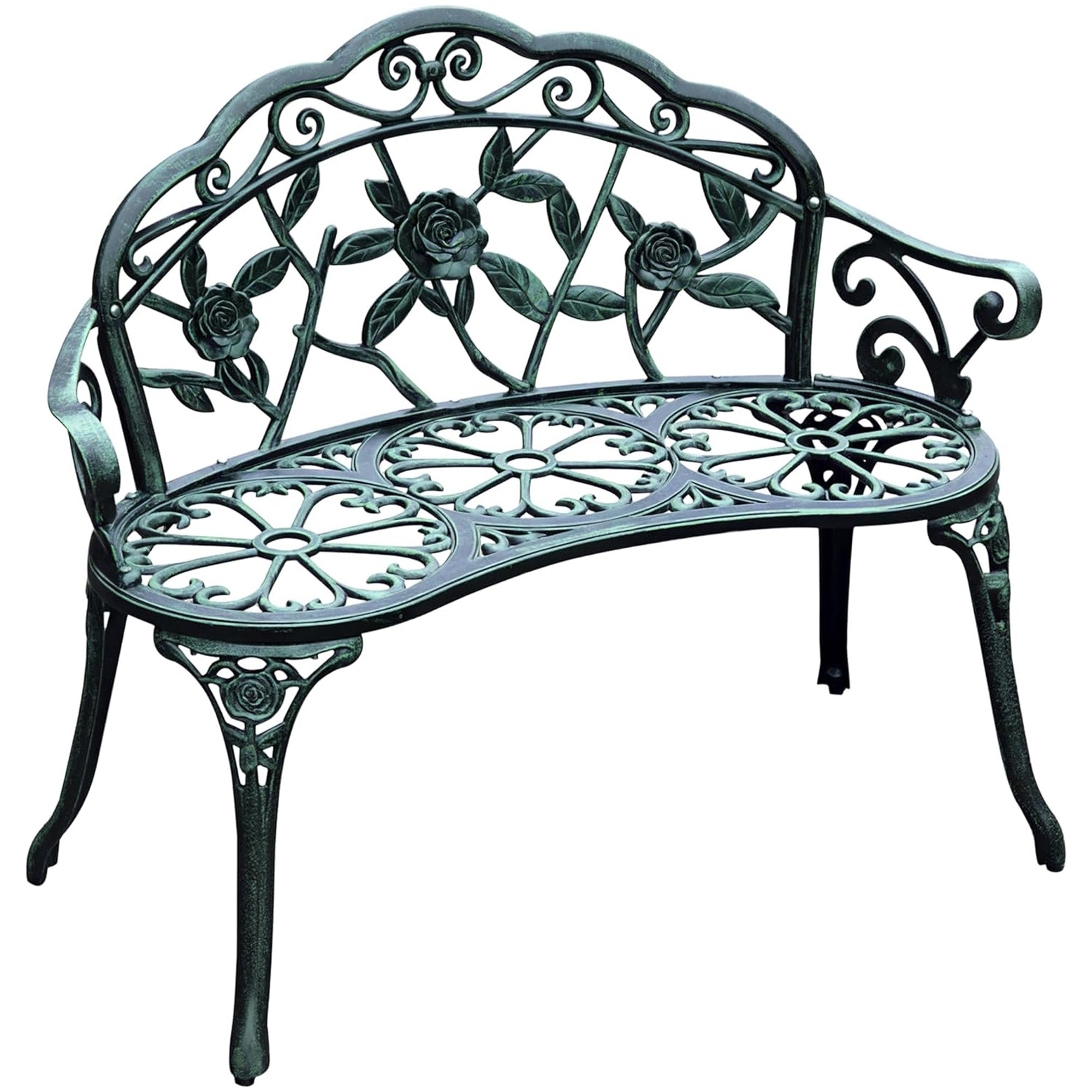 Banc de Jardin 2 Places Style néo-rétro Motif Rose Lignes fuselées 100L x 54l x 78H cm Fonte d'aluminium Vert