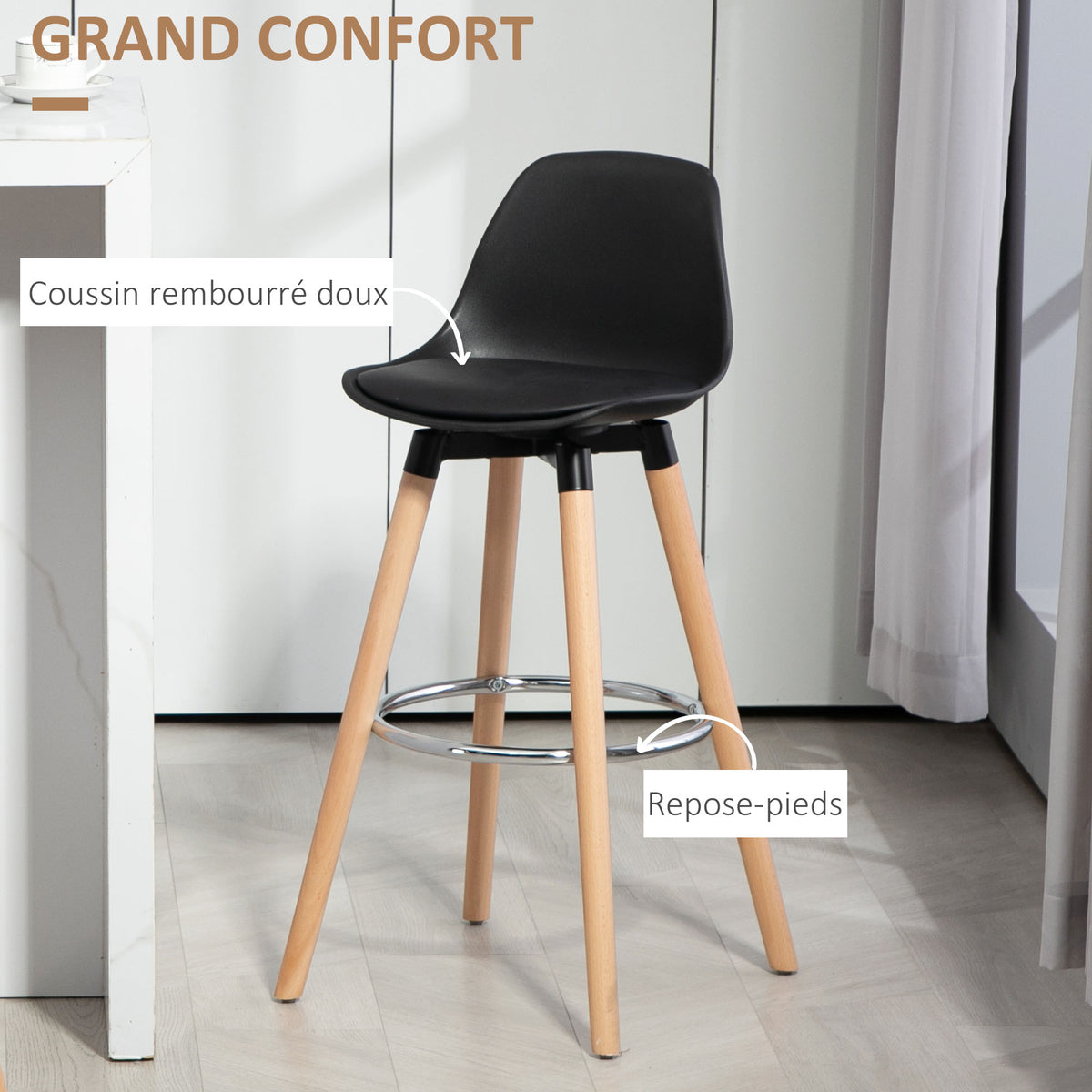 Lot de 2 tabourets de bar, chaises de bar avec dossier et repose-pieds, assise rembourrée, 43 x 43 x 91 cm, noir