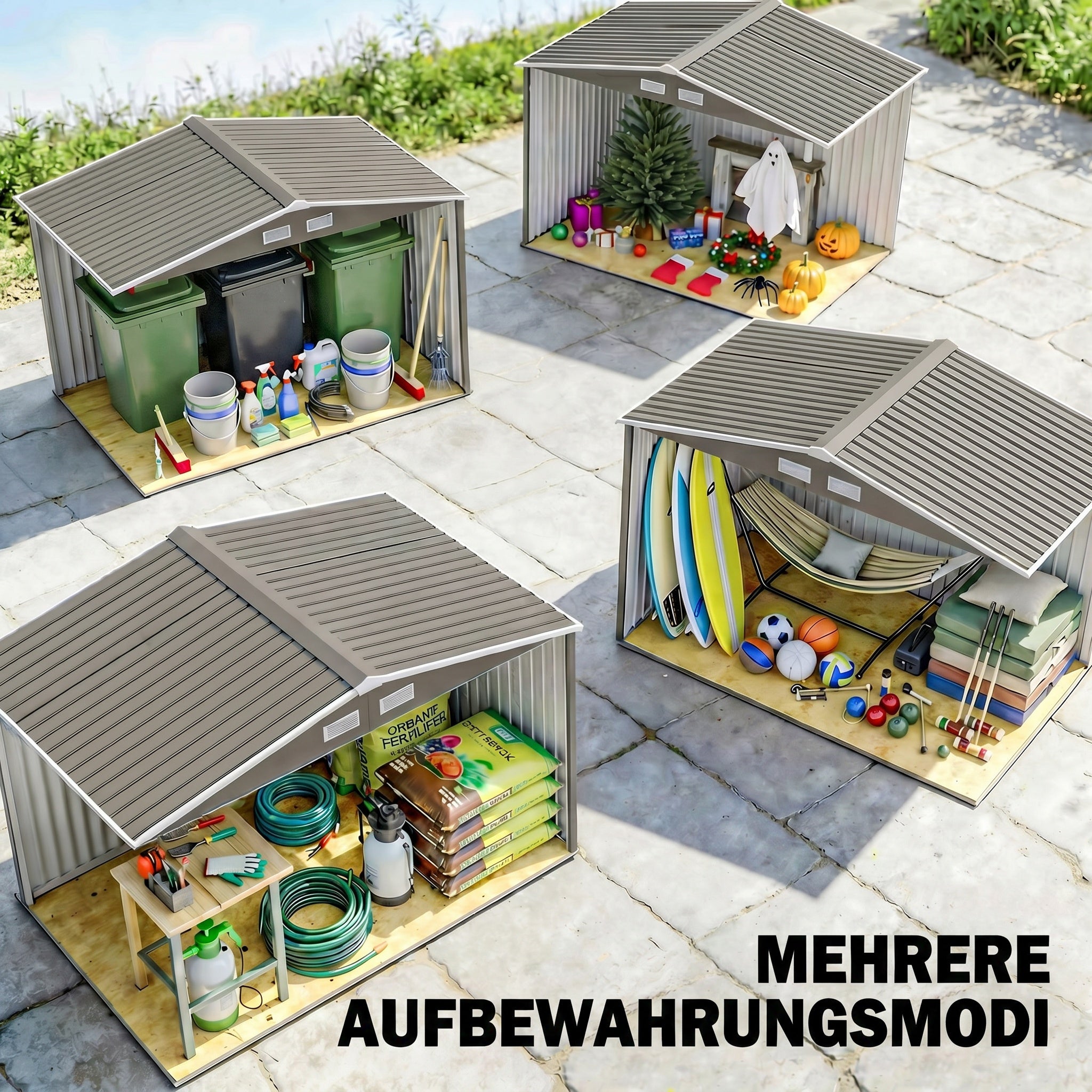 Abri de jardin 5,4 m² 2,77 x 1,95 x 1,92 m kit de fondation porte coulissante ventilations acier galvanisé, gris