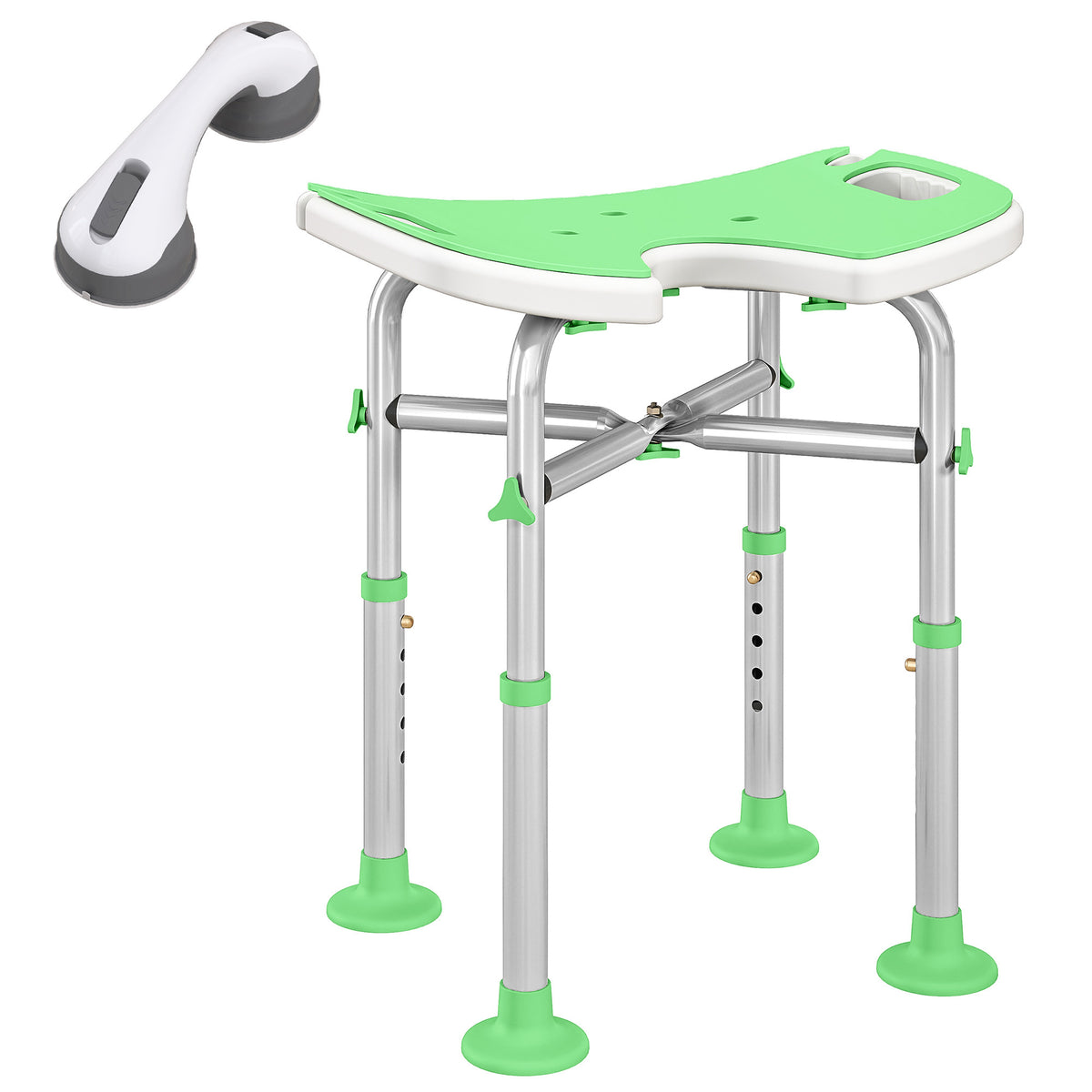Tabouret de Douche, Hauteur Ajustable 39-51,5 cm, Barre d'Appui à Ventouse, Patins à Ventouse, Vert