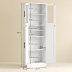 Meuble de salle de bain haut 6 niveaux, meuble de rangement avec 4 portes dont 2 vitrées et étagères réglables, blanc