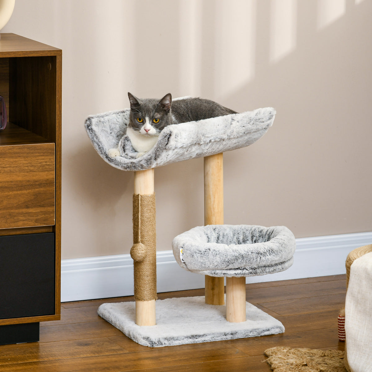 Abre à chat avec griffoir 1 niche supérieure avec coussin lavable 1 niche ronde peluche hauteur 60 cm gris