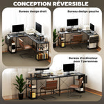 Bureau d'angle modulable réversible 168-240 cm style industriel - étagère réglable, sac de rangement, support d'écran