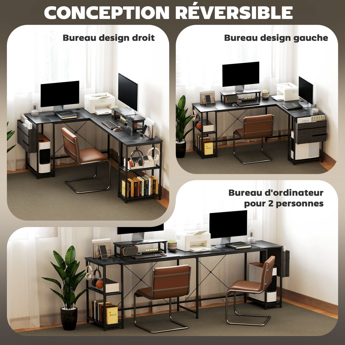 Bureau d'angle modulable réversible 168-240 cm style industriel - étagère réglable, sac de rangement, support d'écran