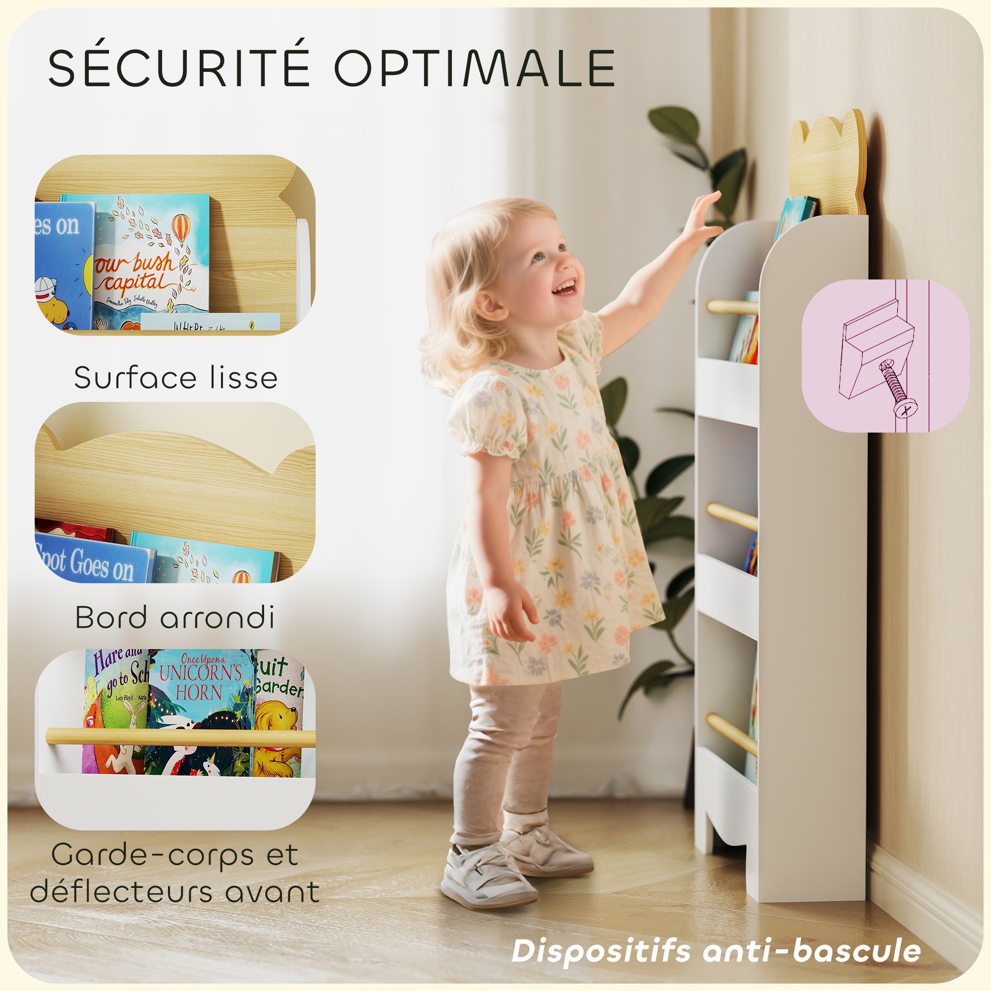 Children's bookcase, 3-tier children's book storage for playroom, kids' bedroom, natural wood