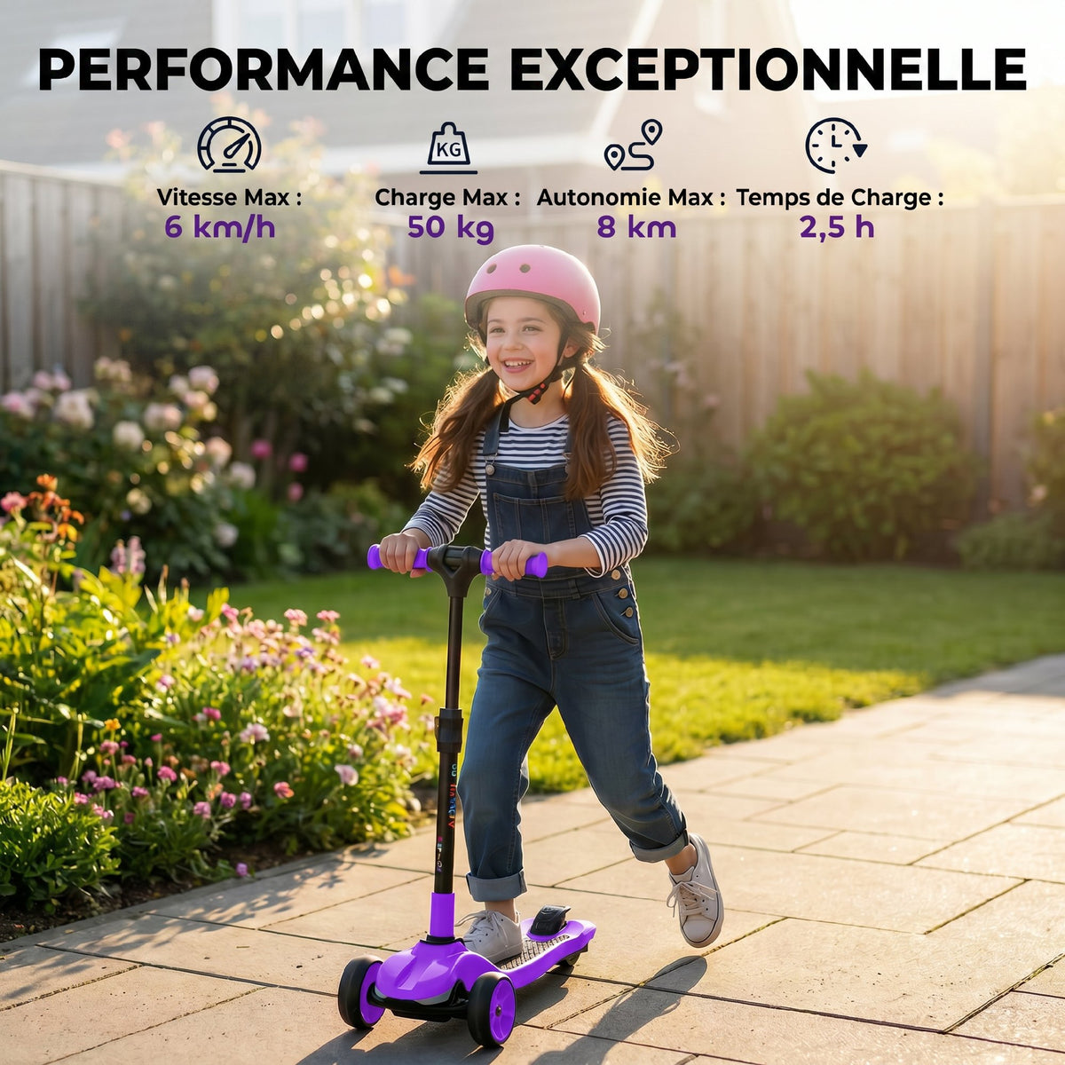 Electric scooter for children aged 6 to 10, foldable 3 wheels, zero-start, maximum speed 8 km/h 64x29x83cm purple