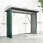 Abri-bûches Couvert Support pour Bois de Chauffage Plancher Surélevé Toit Incliné, Acier Galvanisé 213x66,5x150cm Vert