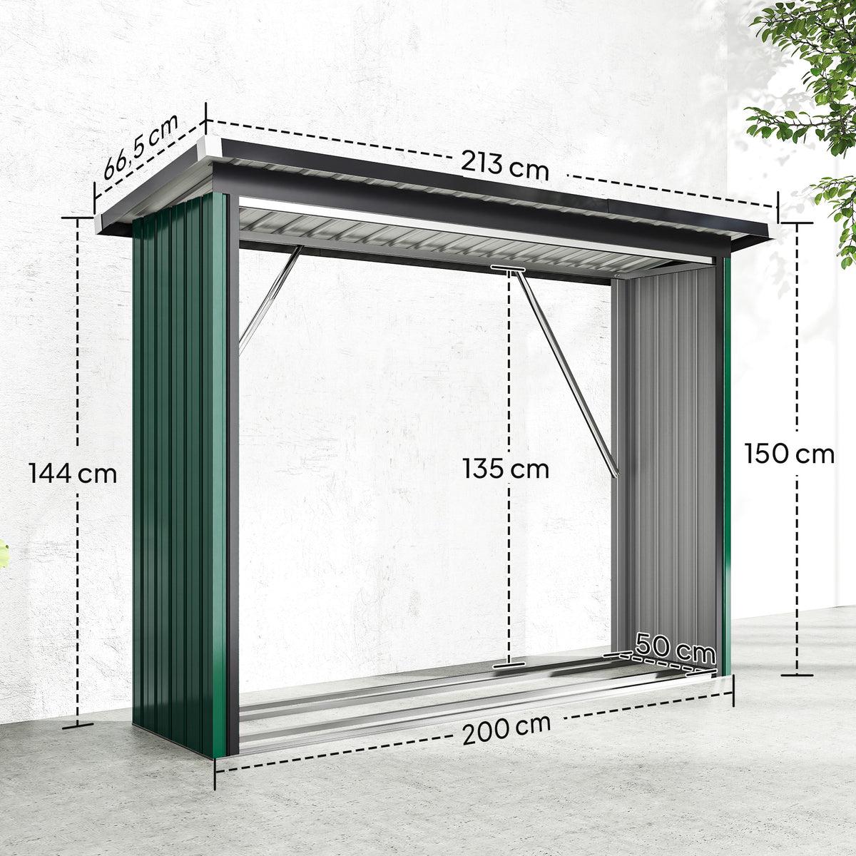 Abri-bûches Couvert Support pour Bois de Chauffage Plancher Surélevé Toit Incliné, Acier Galvanisé 213x66,5x150cm Vert