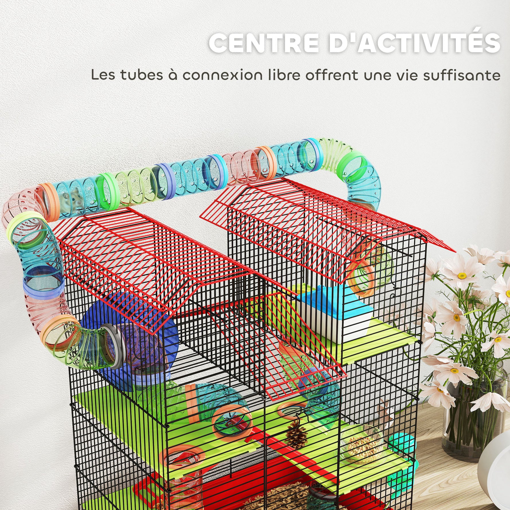 Cage pour hamster souris petit animaux rongeur avec tunnel mangeoire roue jouet 47 x 30 x 59 cm rouge