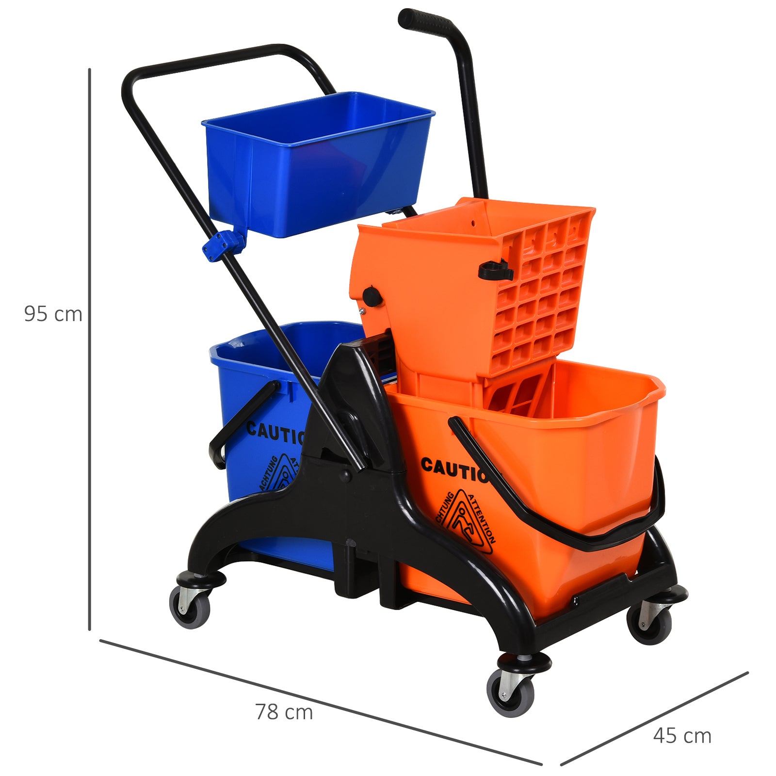 Chariot de ménage chariot de lavage professionnel essoreuse latérale seau 26 L + panier de rangements 78 x 45 x 95 cm métal et plastique orange