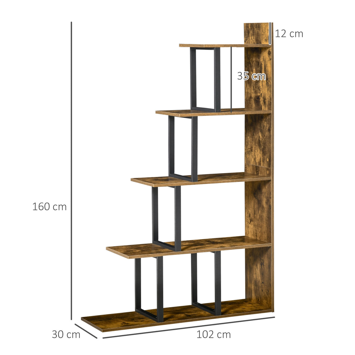 Étagère bibliothèque séparateur de pièce style industriel en escalier 5 étagères 102 x 30 x 160 cm, brun rustique