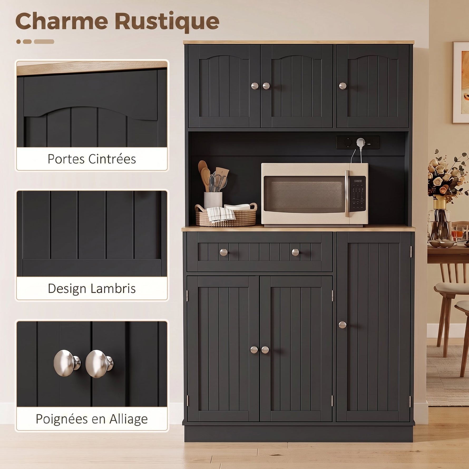 Buffet haut cuisine, armoire de cuisine, station de charge, 6 portes, plan de travail, porte-épices, 100x40x173cm, noir
